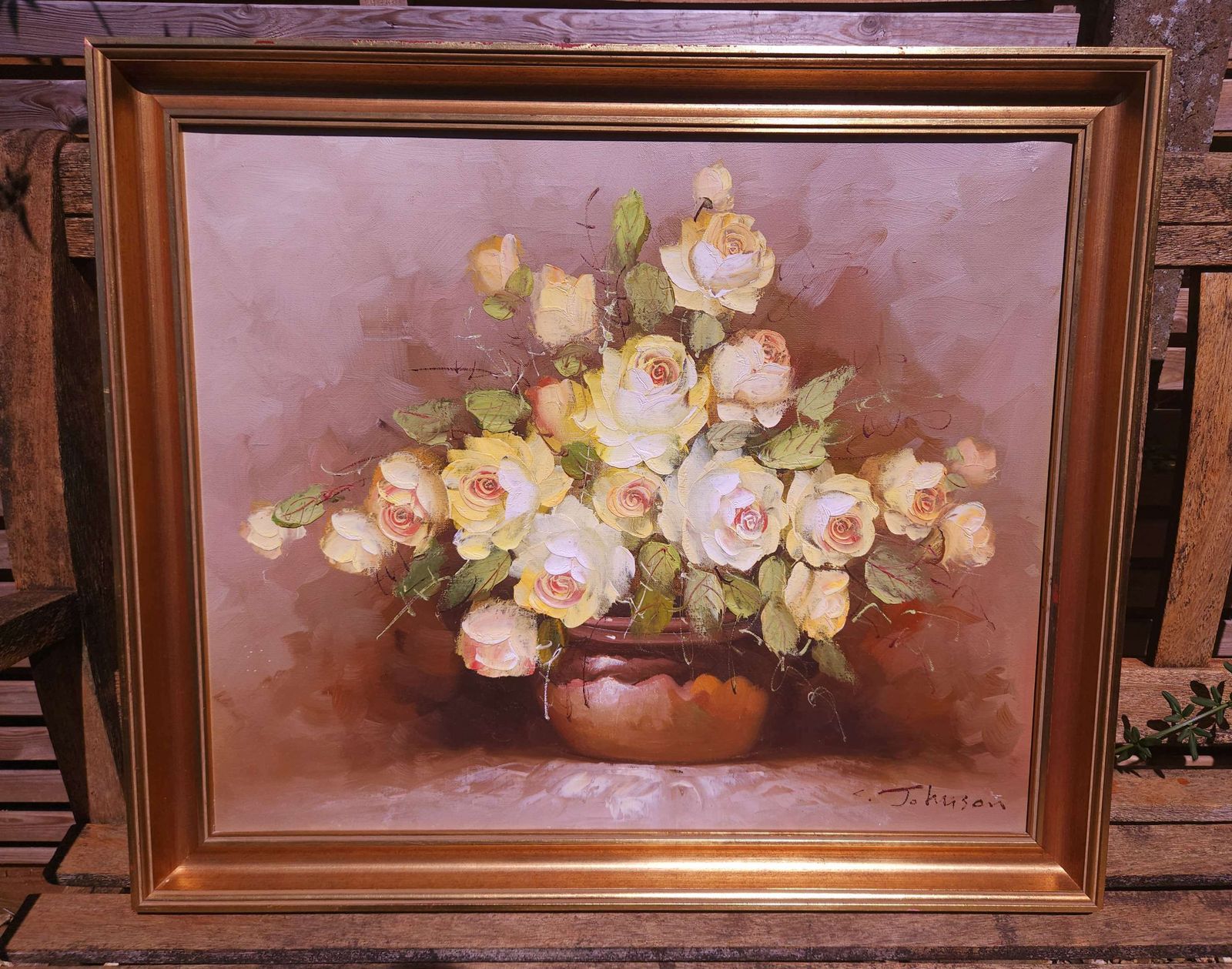 Large, Framed Floral Oil On Canvas Of Yellow Roses Signed By Artist C.Johnson photo vintage