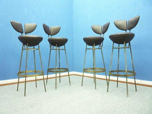 Mid Century Leather And Steel Bar Stools, 1950s, Set Of 4 photo furniture