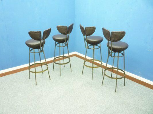 Mid Century Leather And Steel Bar Stools, 1950s, Set Of 4 photo for sale