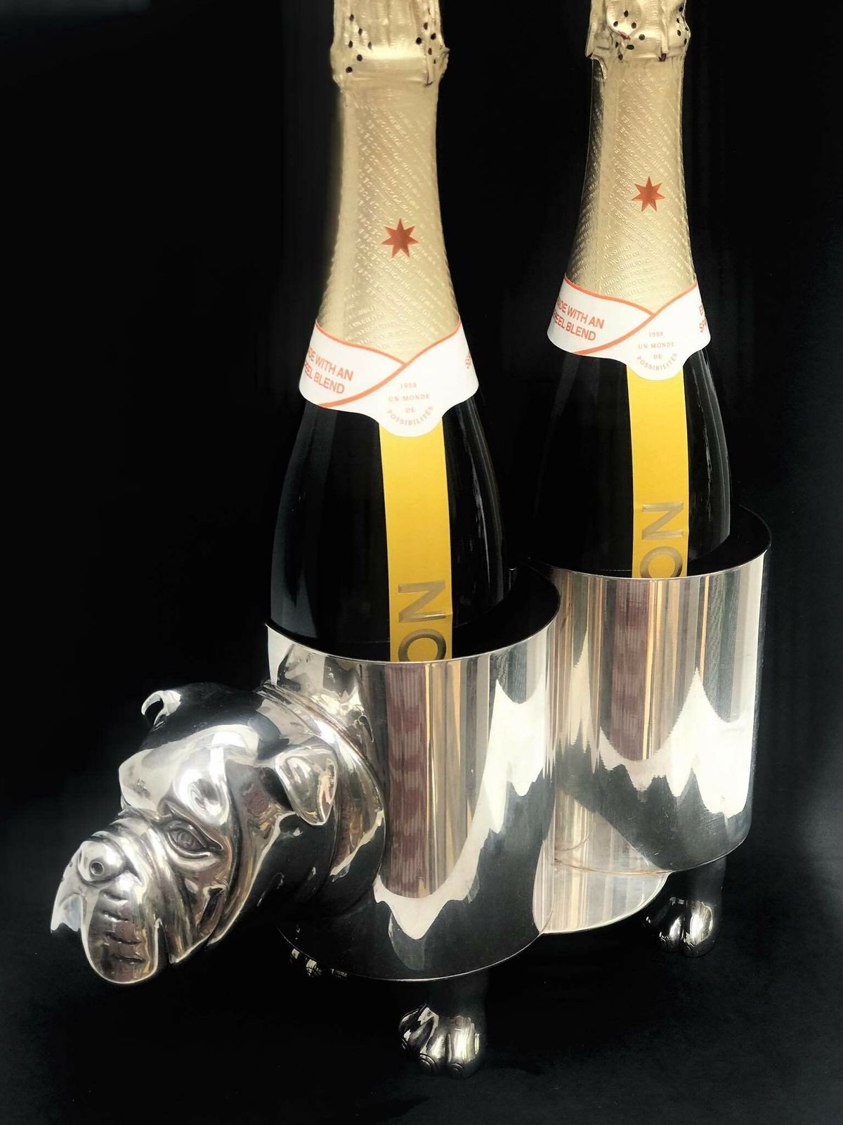 Silver Plate Vintage Wine Bottle Holder Bulldog Shaped 1960s Spain Bar Cart Decor, Animal Lover Gift, Champagne Holder Ice Bucket Luxury photo furniture