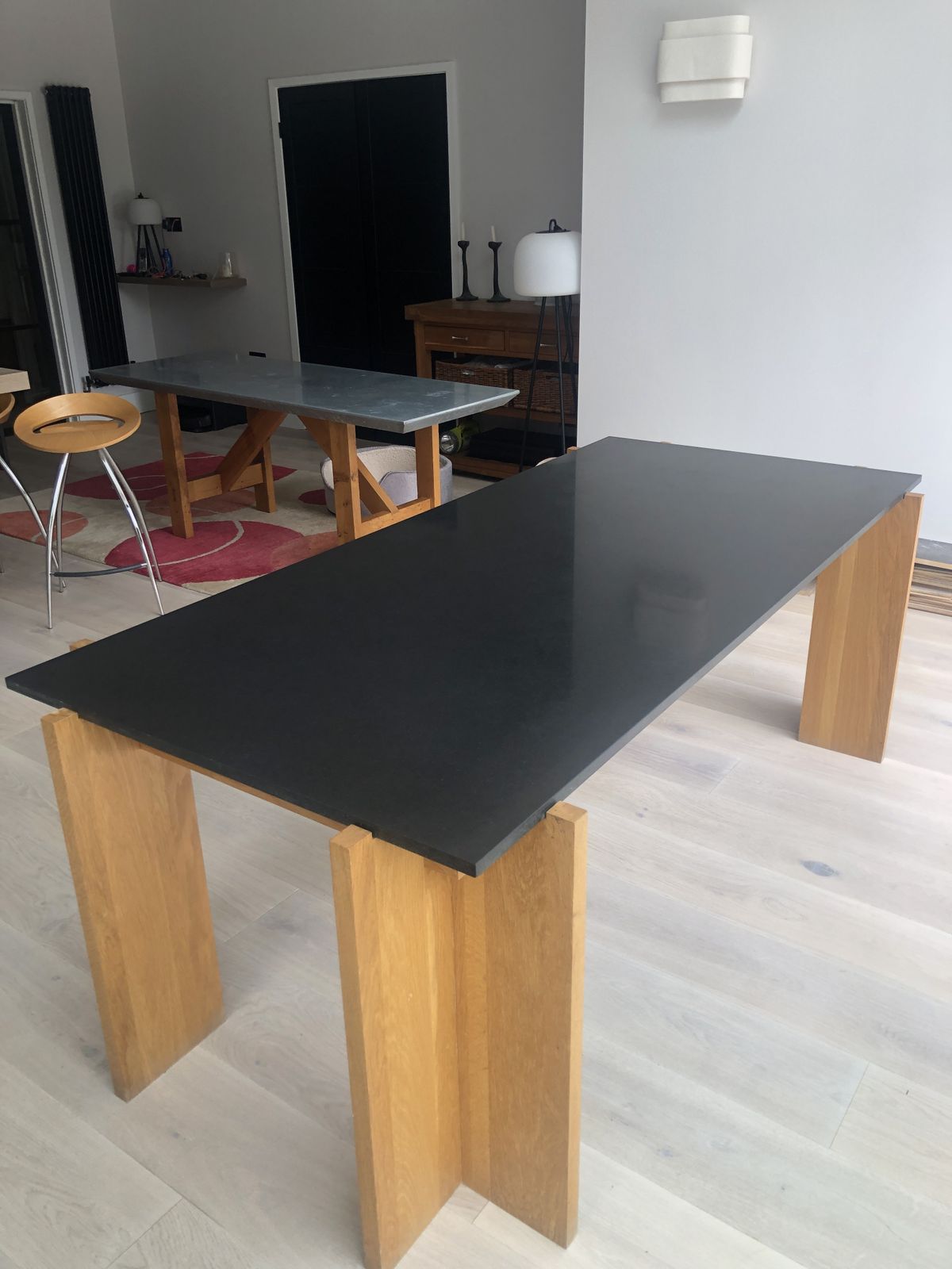 Heals Black Granite And Oak Leg Dining Table In Excellent Condition.  Smooth Black Granite Top, Four Square Oak Legs.  Easy To Transport (Although Heavy Top) As Top Lifts Off A Rectangular Oak Frame And The Four Oak Legs Are Then Removed Separately. photo furniture