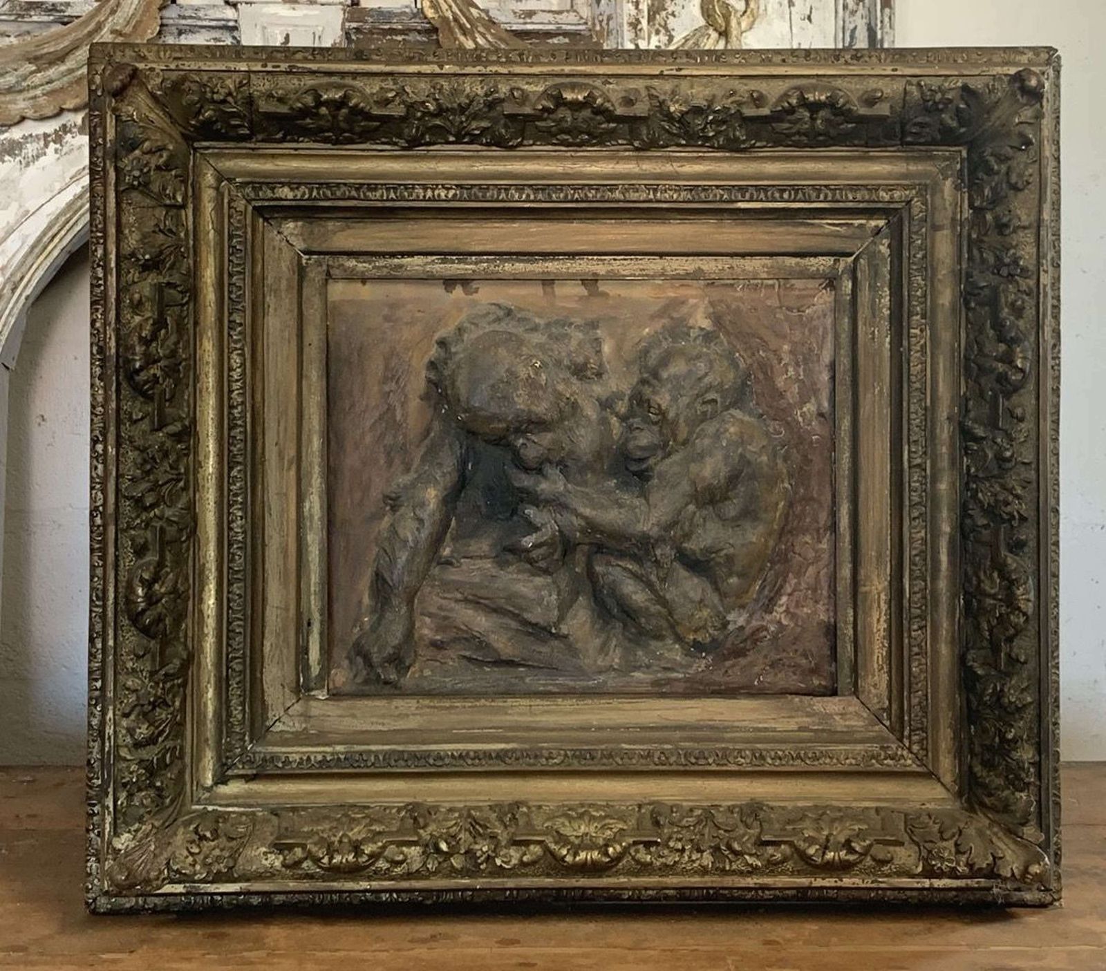 Antique Signed Plaster Plaque Depicting Orangutans