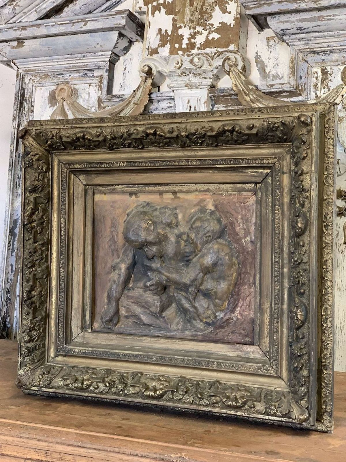 Antique Signed Plaster Plaque Depicting Orangutans photo furniture