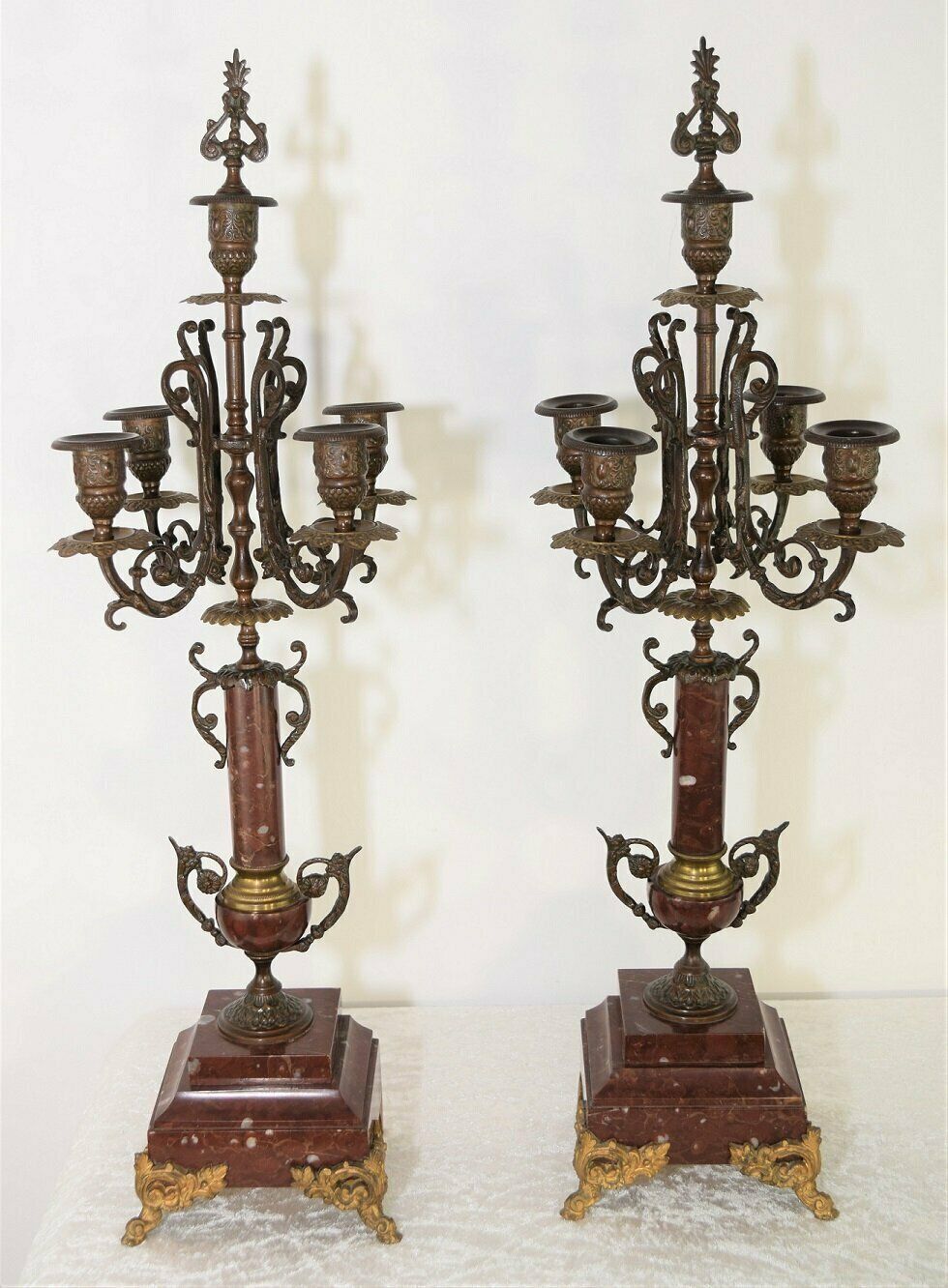 19th Century French Rouge Marble Mantel Clock With Candelabra Garnitures photo for sale