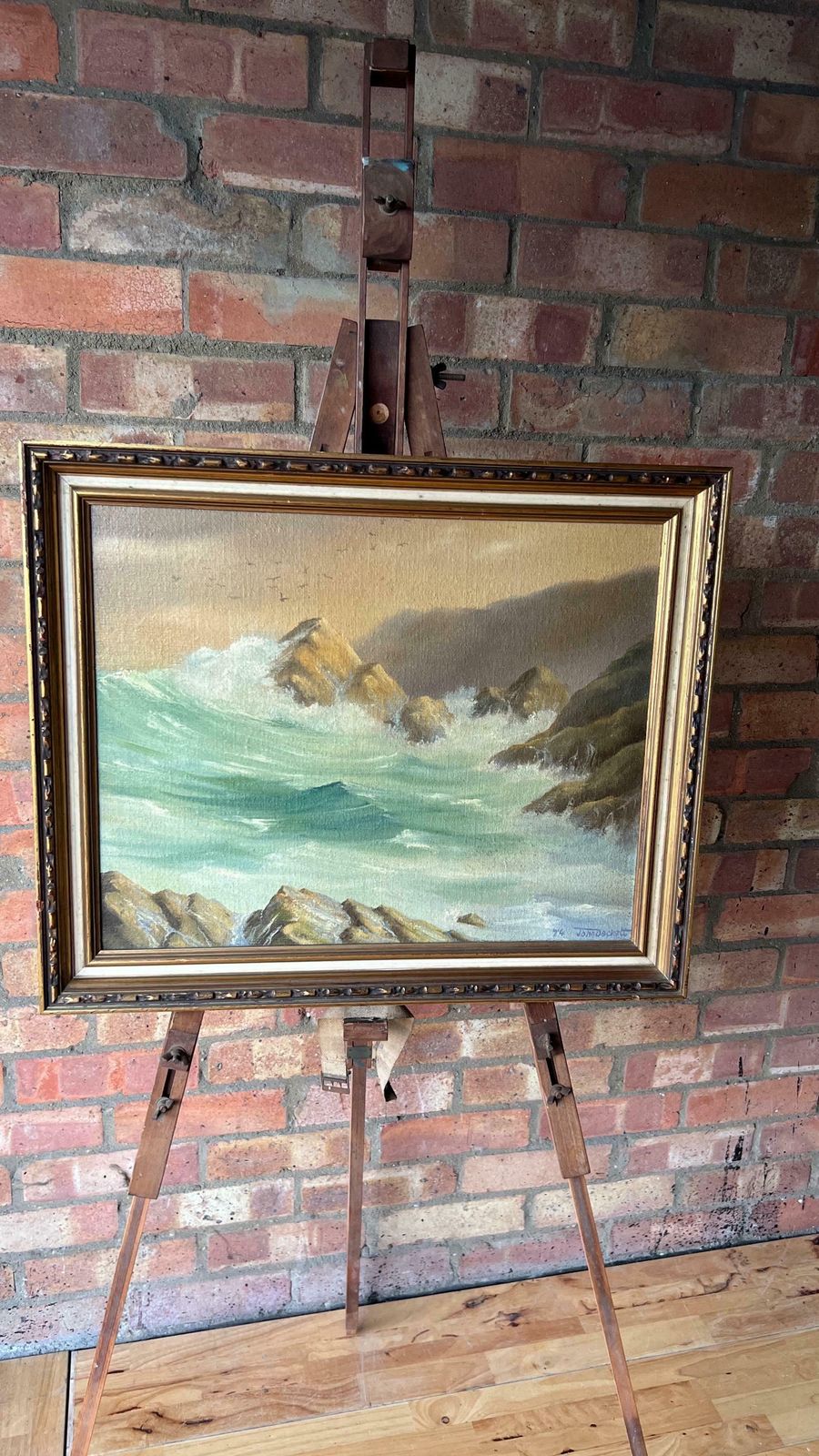 photo for sale 1974 Original Signed And Framed Oil Painting Depicting Sea Waves Bouncing Off Rocks