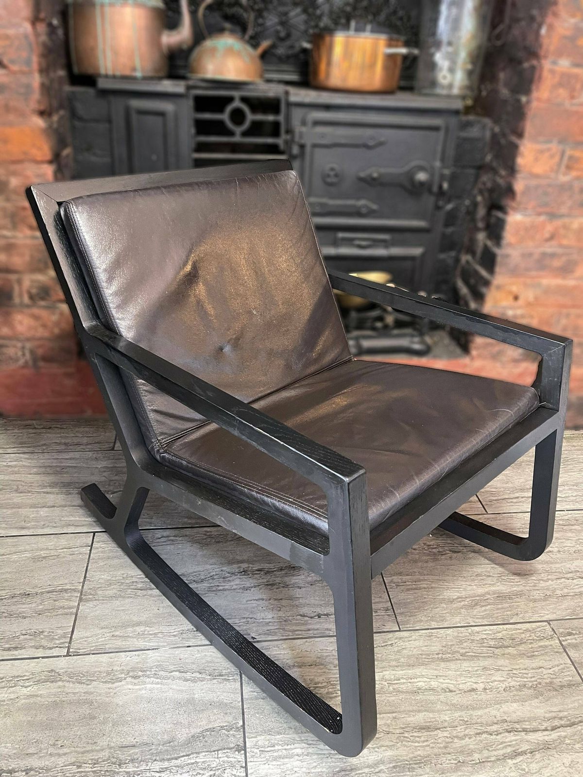 Early 2000's Modernist Black Wood Rocking Chair With Reupholstered Leather Seat And Back Rest Cushion By James Harrison photo for sale