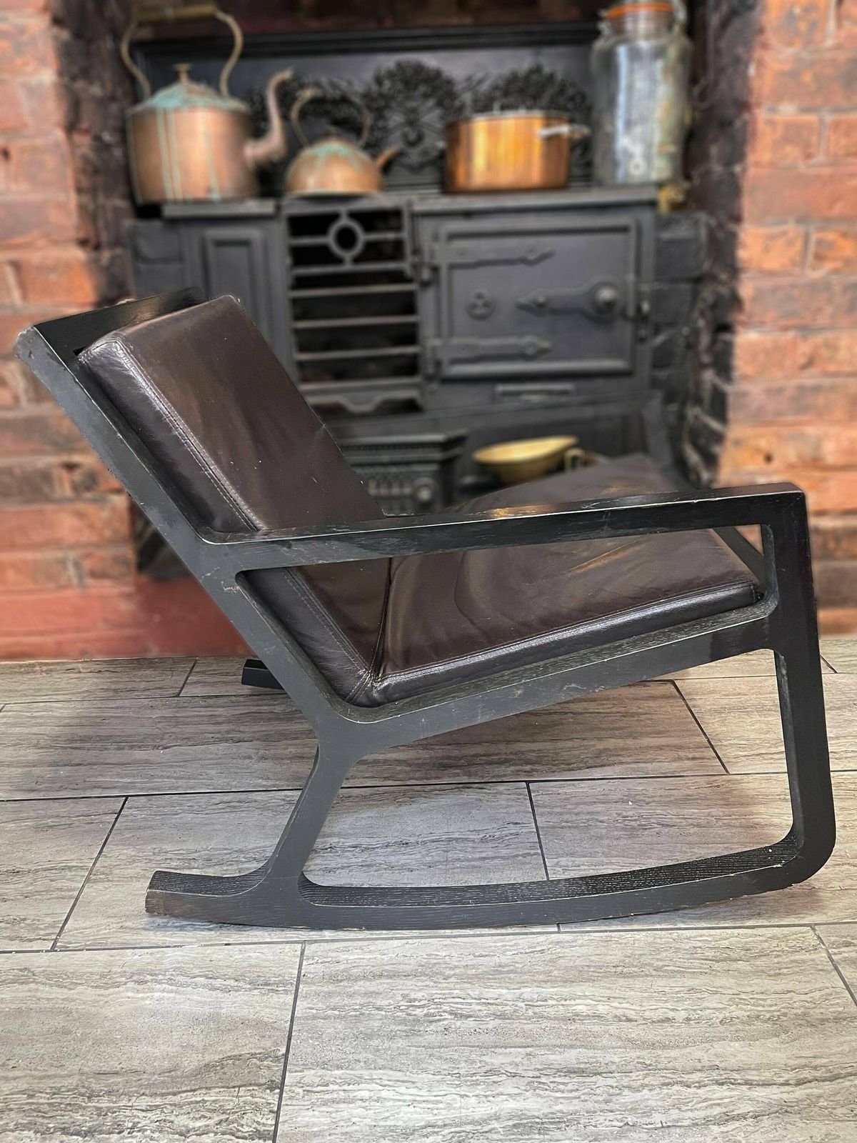 Early 2000's Modernist Black Wood Rocking Chair With Reupholstered Leather Seat And Back Rest Cushion By James Harrison photo Furniture