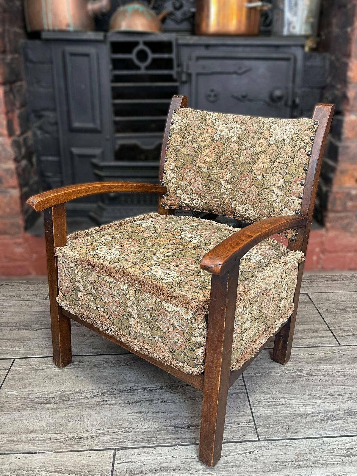 Small Deco Arts And Crafts Solid Oak Wooden Armchair With Stud Details And Tapestry Cushion/Backrest Circa 1920 photo for sale