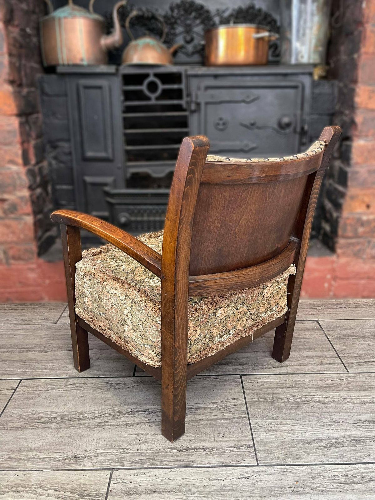 Small Deco Arts And Crafts Solid Oak Wooden Armchair With Stud Details And Tapestry Cushion/Backrest Circa 1920 photo 299.0