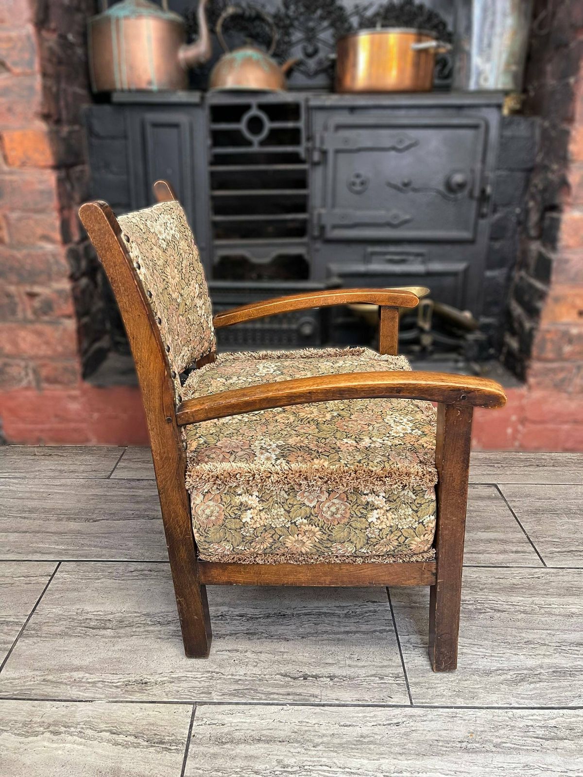 Small Deco Arts And Crafts Solid Oak Wooden Armchair With Stud Details And Tapestry Cushion/Backrest Circa 1920 photo buy