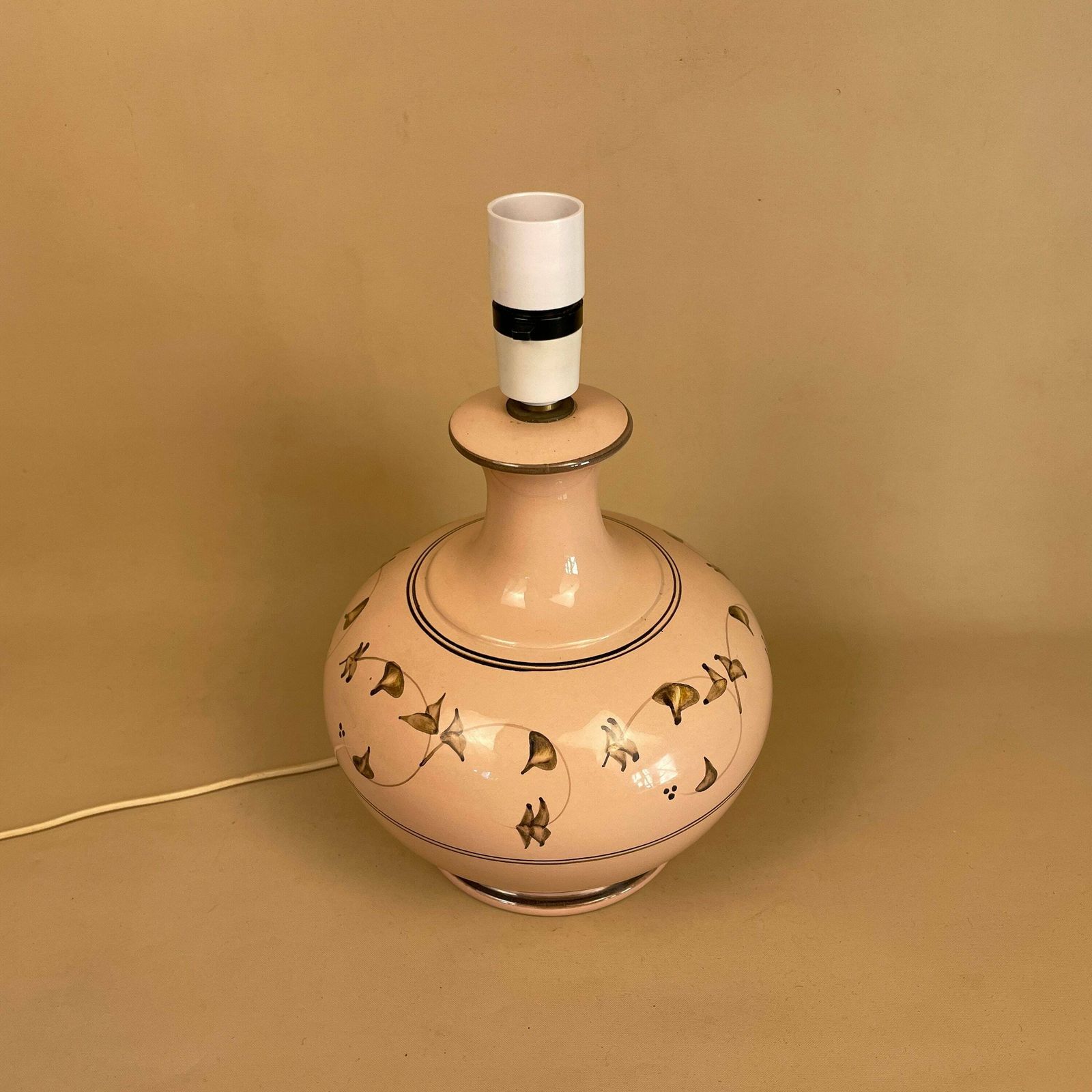 Vintage Ceramic Lamp Hand Painted Detail Retro Light Bedside Table Desk Porcelain Vase Pink Pattern Vintage Antique Cottage Round photo for sale