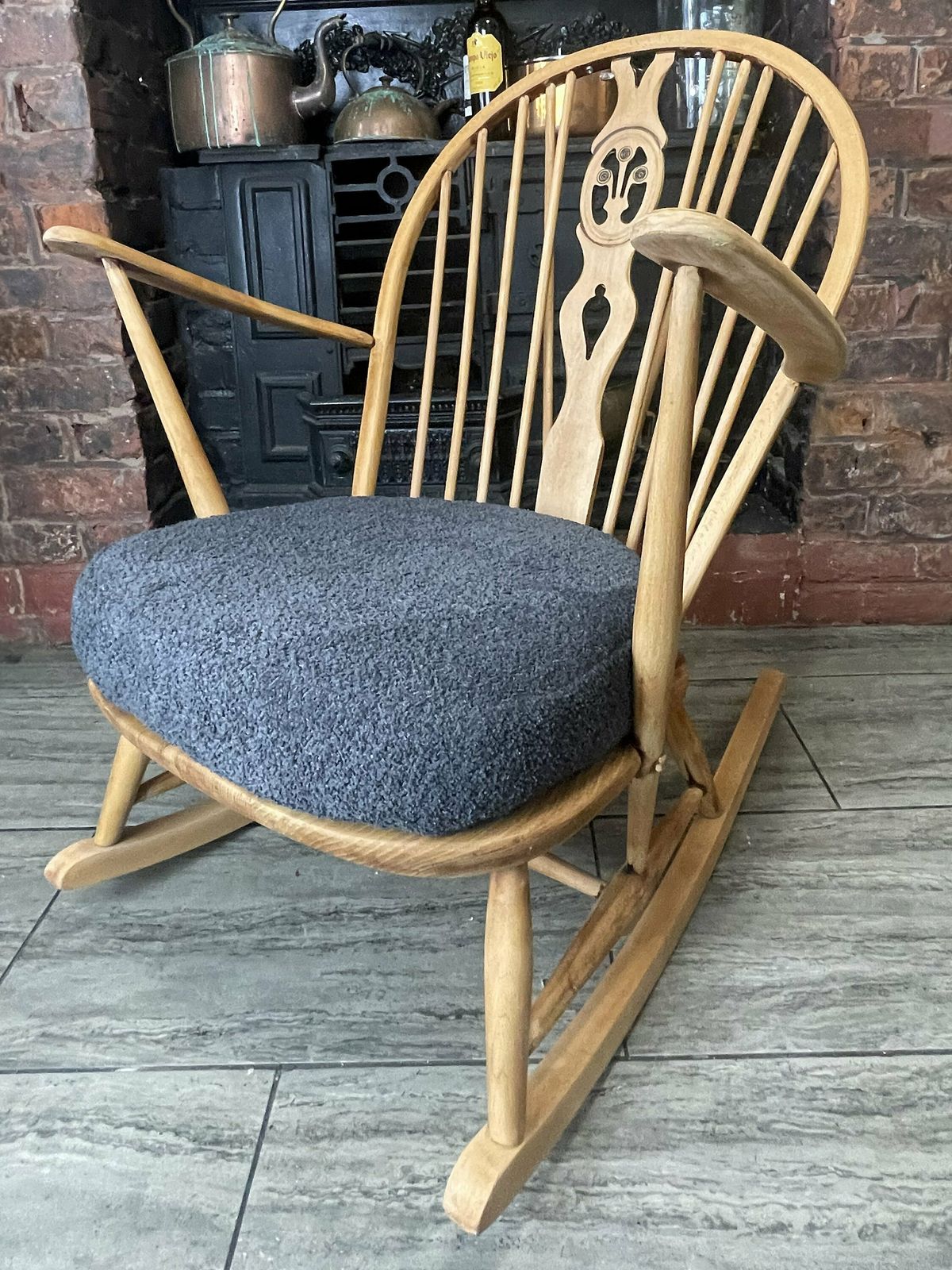 Mid Century Vintage Ercol Elm Wood Rocking Chair With New Slate Grey Boucle Upholstery 1950. Retro Rocking Chair. photo furniture
