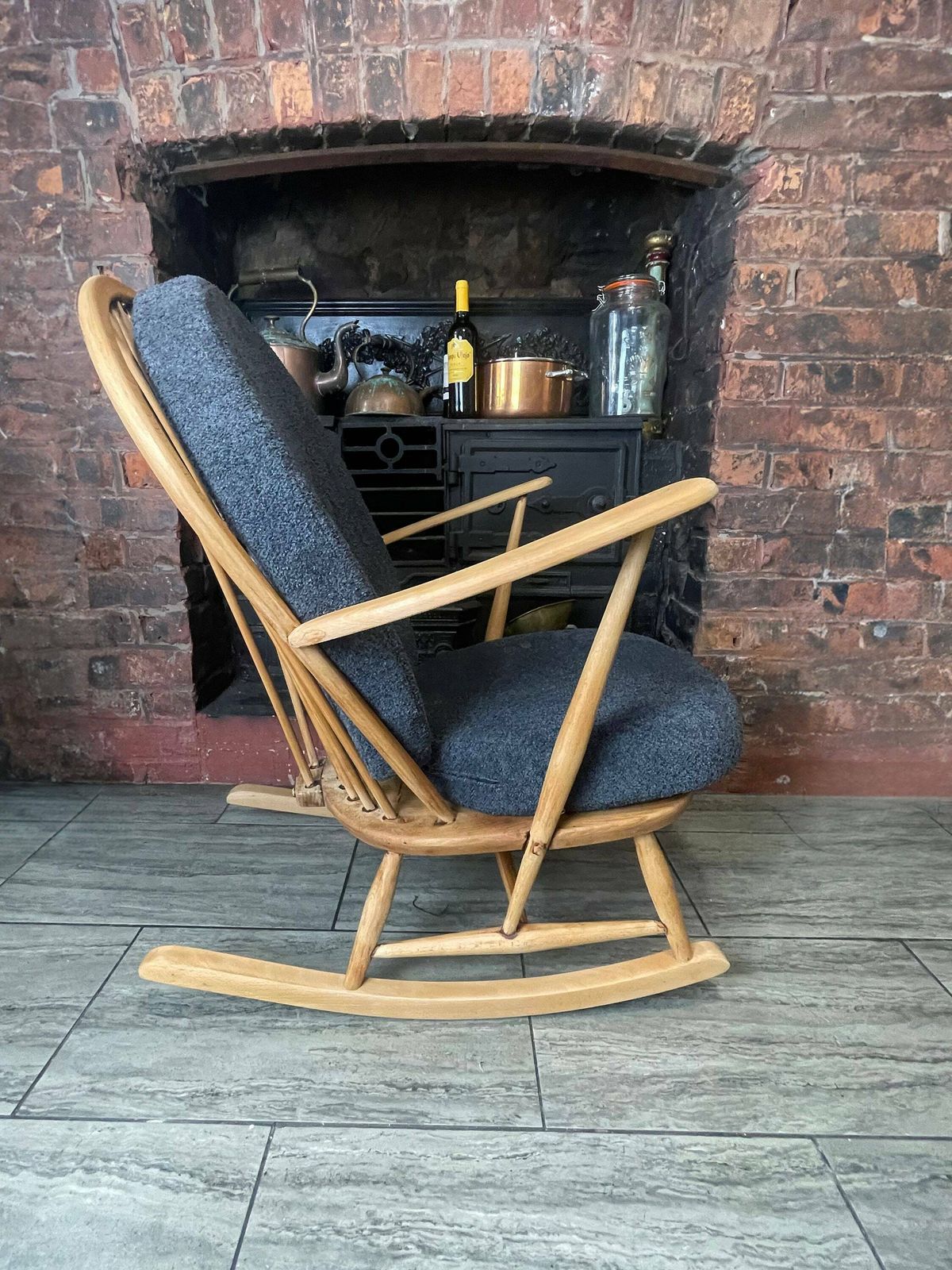Mid Century Vintage Ercol Elm Wood Rocking Chair With New Slate Grey Boucle Upholstery 1950. Retro Rocking Chair. photo vintage
