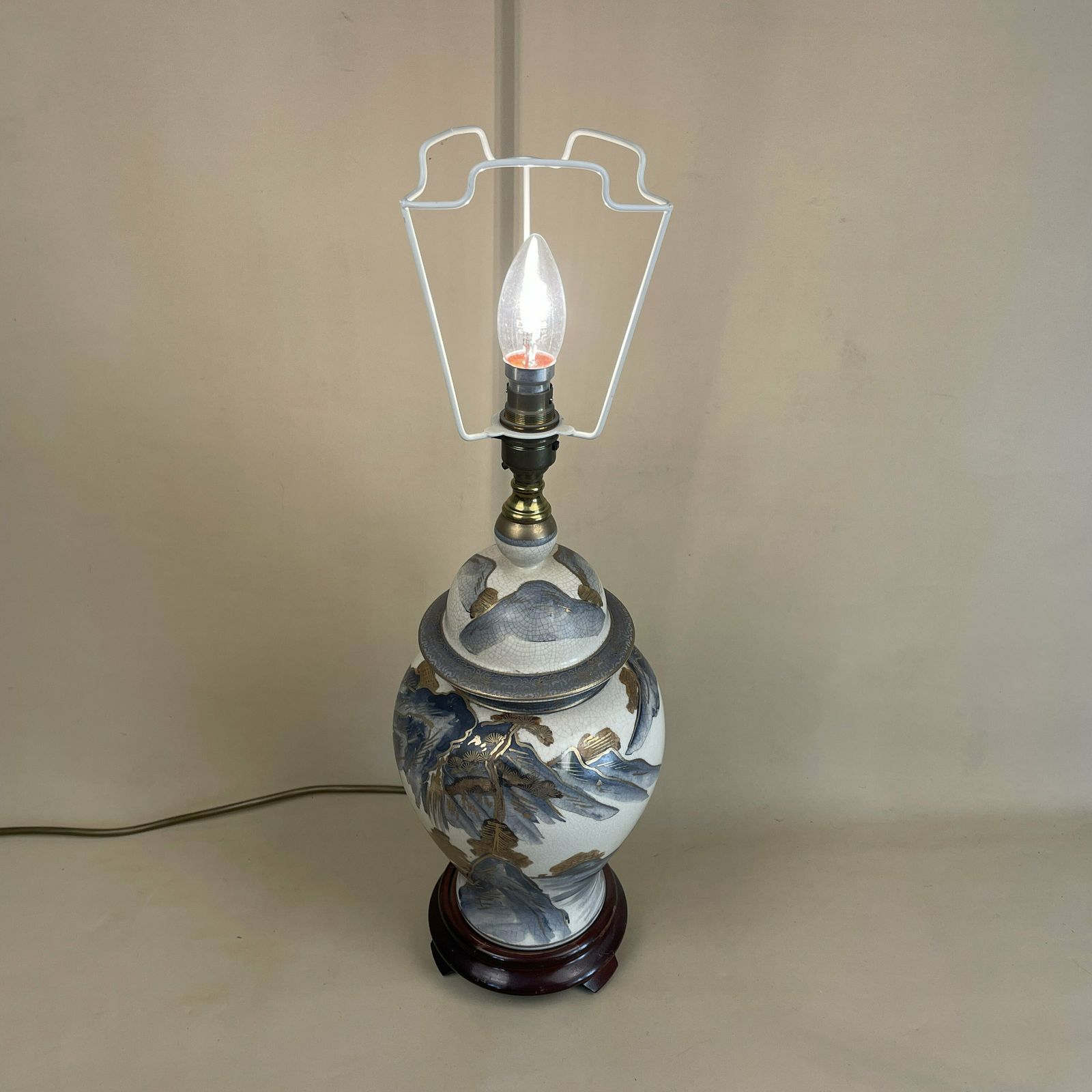 Vintage Ceramic Lamp Oriental Light Bedside Table Hand Painted Mountain Scenic Design Cream Blue Gold Wood Base Vase Cottage Antique photo 69.0