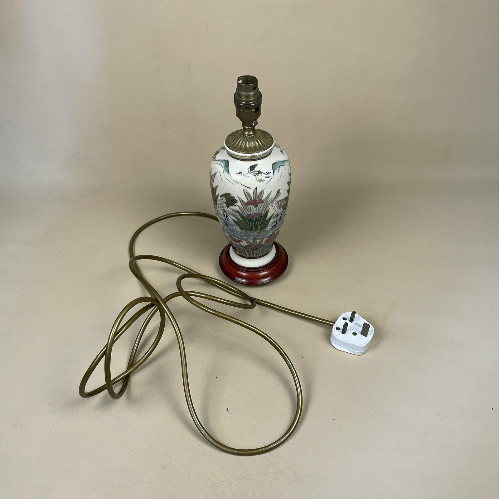 Vintage Ceramic Lamp Light Bedside Table Hand Painted Birds Scenic Design White Wood Base Oriental Chinese Vase Cottage Antique Retro Brass photo vintage