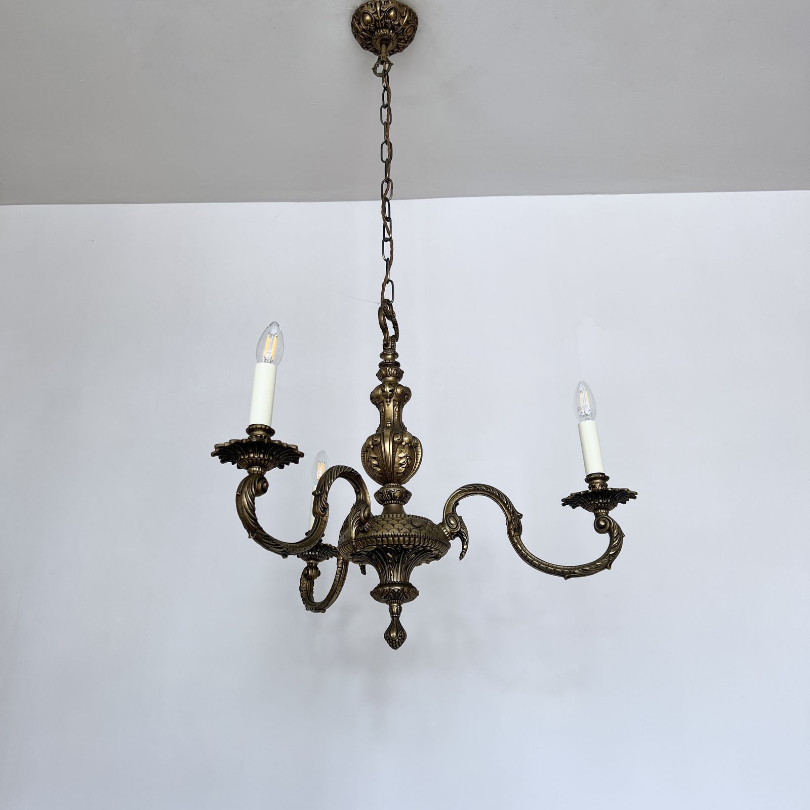 Ornate Cast Brass Chandelier With Three Decorative Swan Neck Arms photo furniture