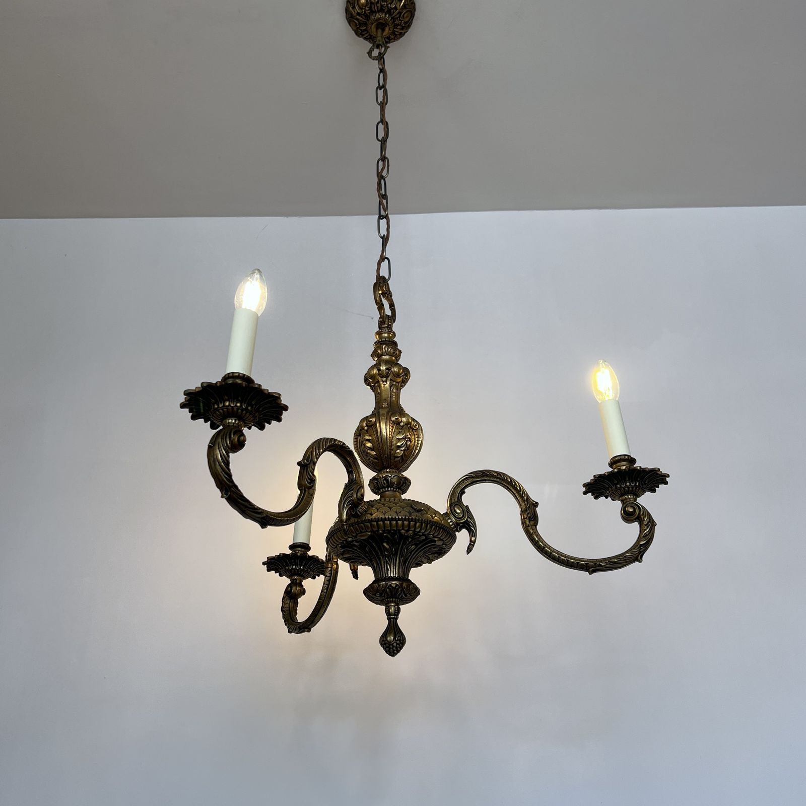 photo for sale Ornate Cast Brass Chandelier With Three Decorative Swan Neck Arms