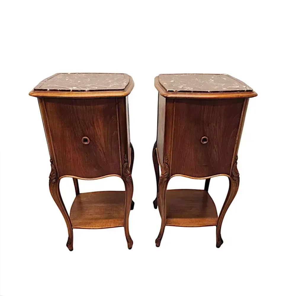 A Stunning Pair Of 19th Century Walnut Marble Top Bedside Cabinets photo vinterior