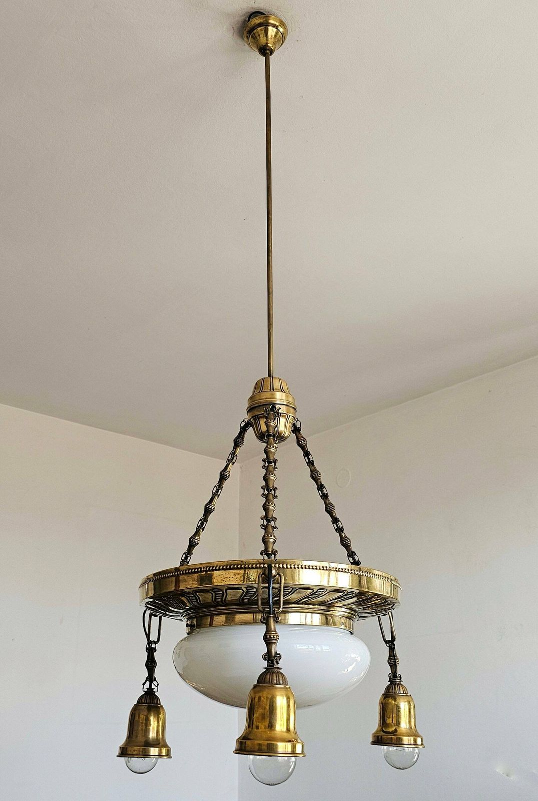 Art Nouveau Polished Brass Chandelier With Opaline Glass Dome // Antique Chandelier // Made In Austria In 1910s photo furniture