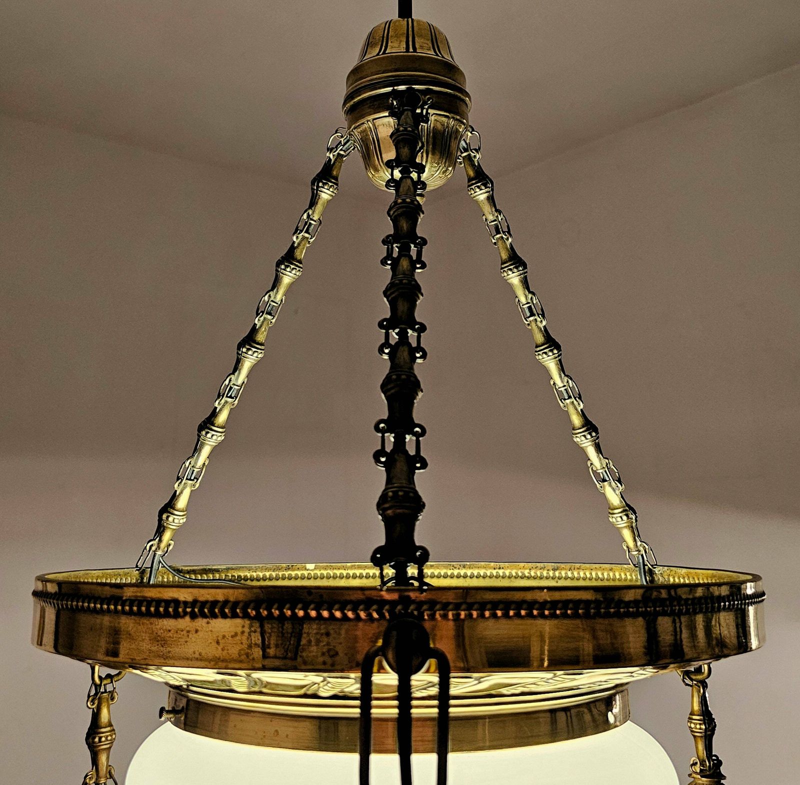 Art Nouveau Polished Brass Chandelier With Opaline Glass Dome // Antique Chandelier // Made In Austria In 1910s photo vinterior