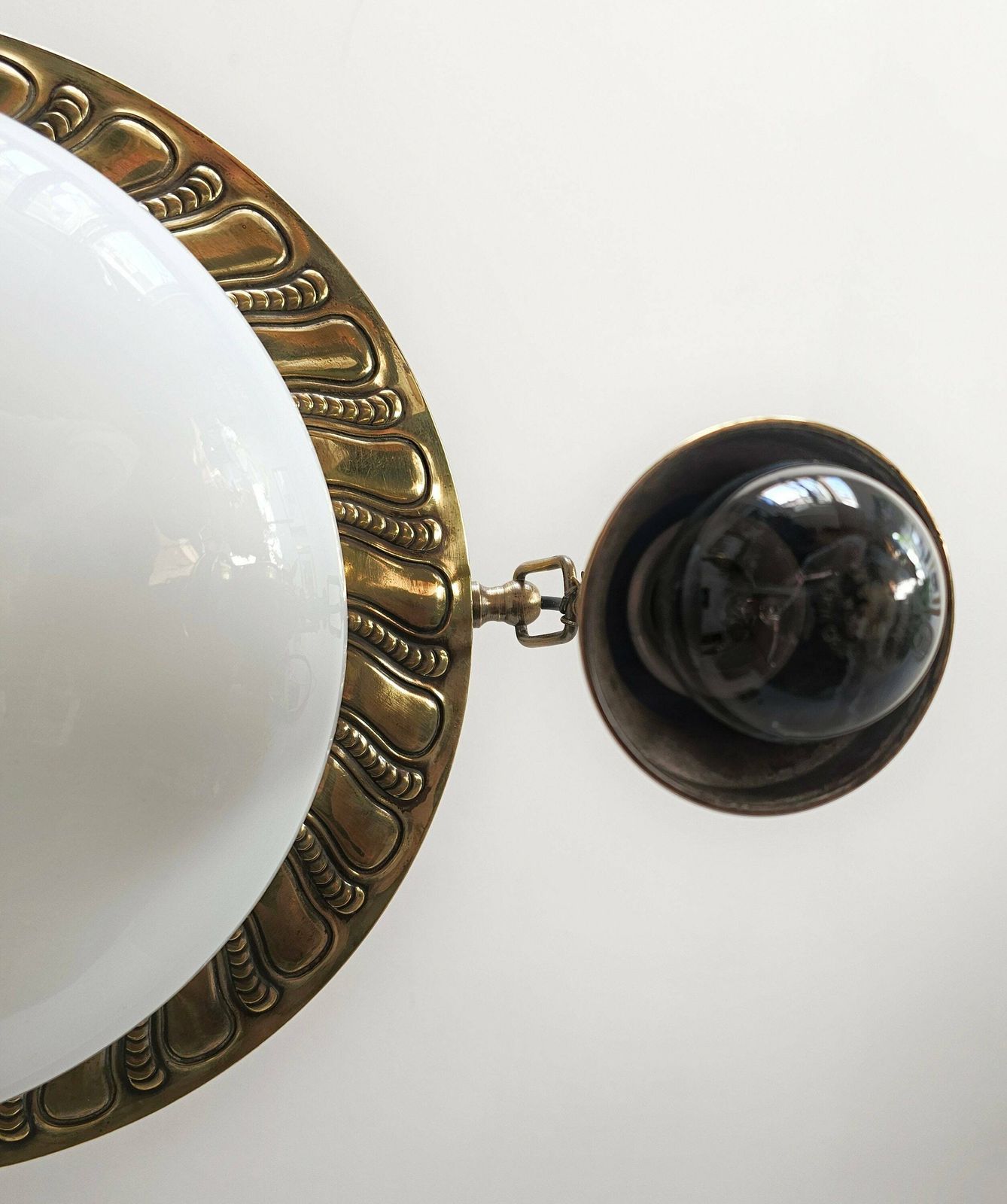 photo for sale Art Nouveau Polished Brass Chandelier With Opaline Glass Dome // Antique Chandelier // Made In Austria In 1910s