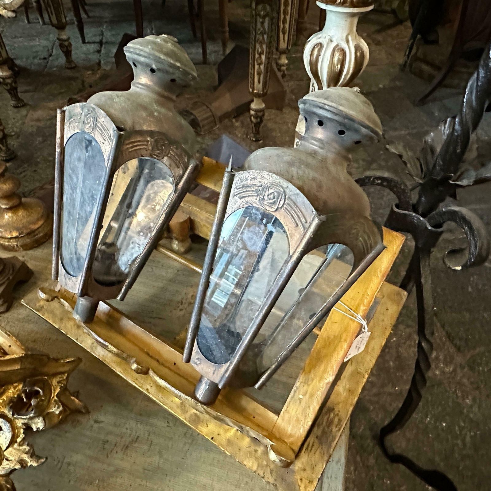Two 1900s Art Nouveau Copper Italian Procession Candle Lamps photo for sale
