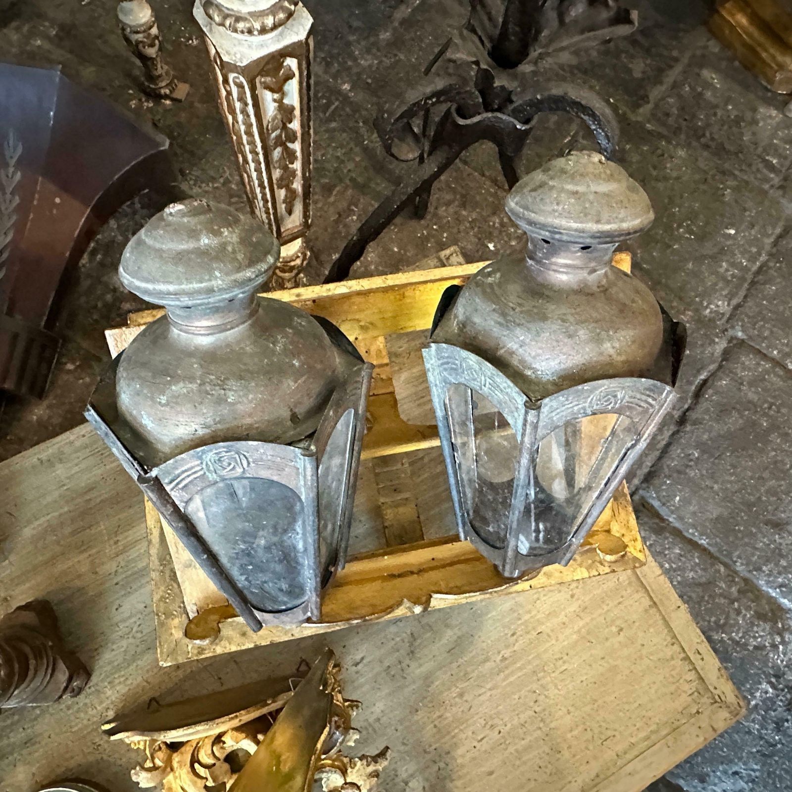 Two 1900s Art Nouveau Copper Italian Procession Candle Lamps photo buy