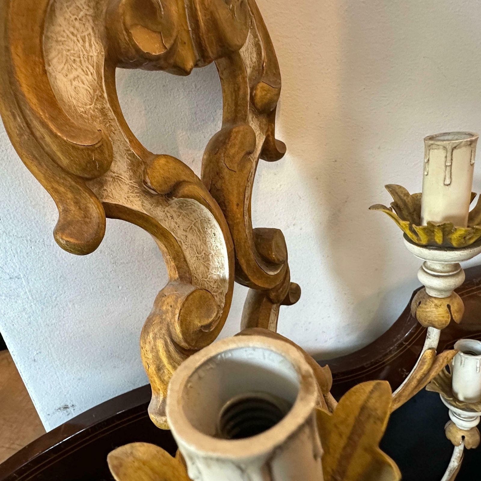 1970s Baroque Style Lacquered Wood And Iron Florentine Big Wall Sconces photo for sale