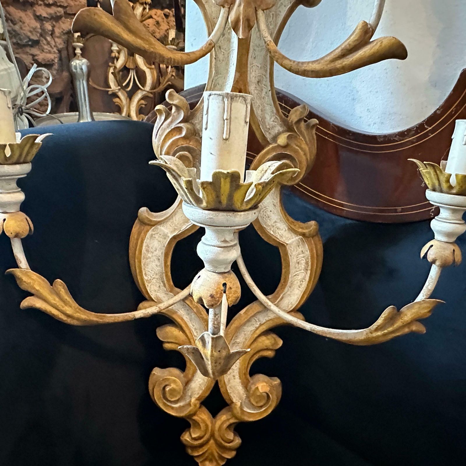 1970s Baroque Style Lacquered Wood And Iron Florentine Big Wall Sconces photo buy