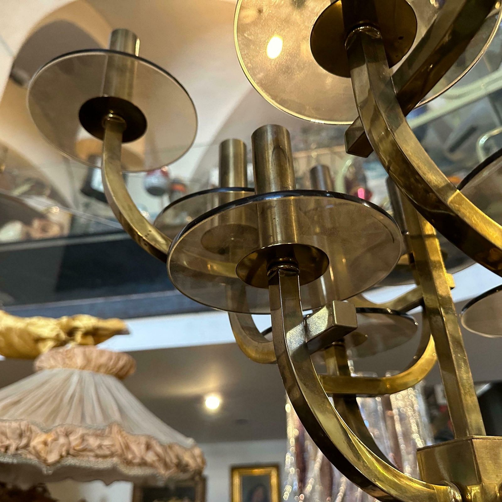 1960s Gaetano Sciolari Mid Century Modern Brass And Smoked Glass Chandelier photo buy