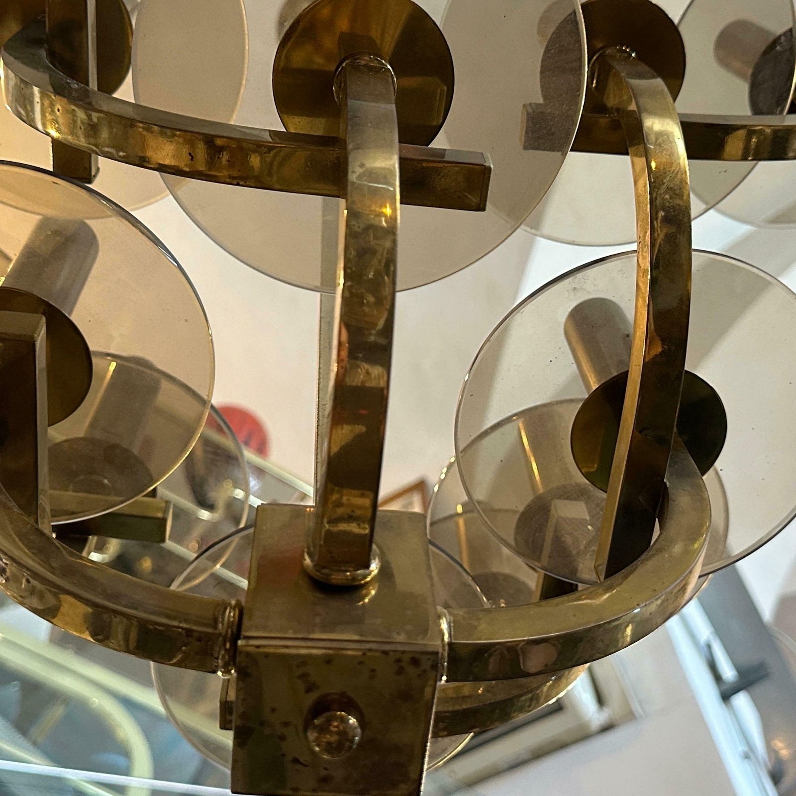 Lighting 1960s Gaetano Sciolari Mid Century Modern Brass And Smoked Glass Chandelier photo