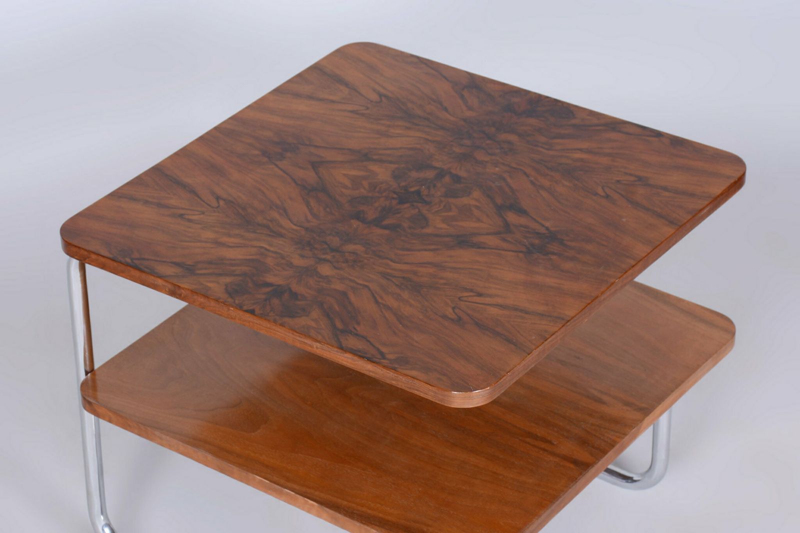 Restored Bauhaus Side Table, Caucasian Walnut, Chrome Plated Steel, Czech, 1930s photo for sale