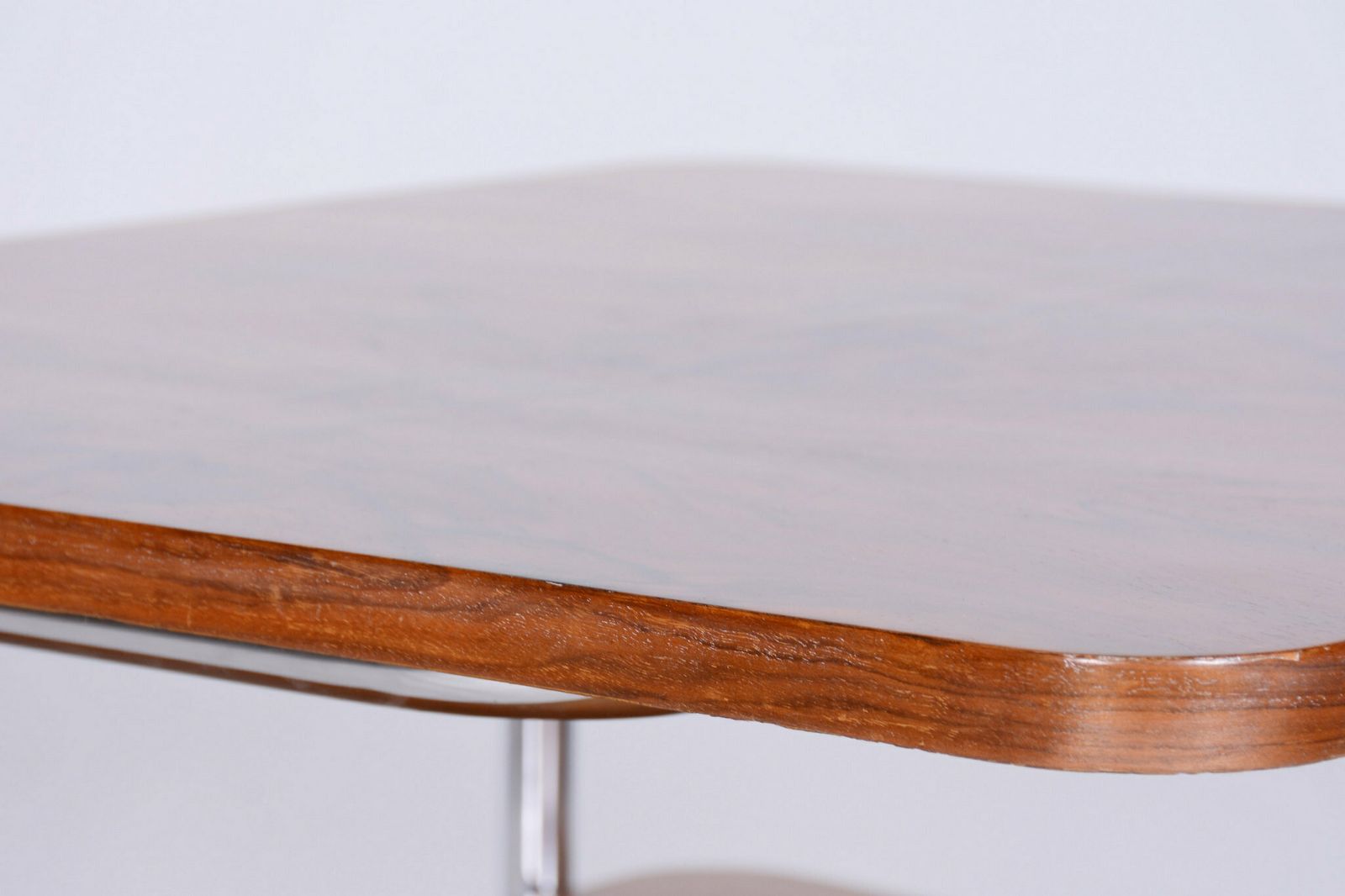 Restored Bauhaus Side Table, Caucasian Walnut, Chrome Plated Steel, Czech, 1930s photo vinterior