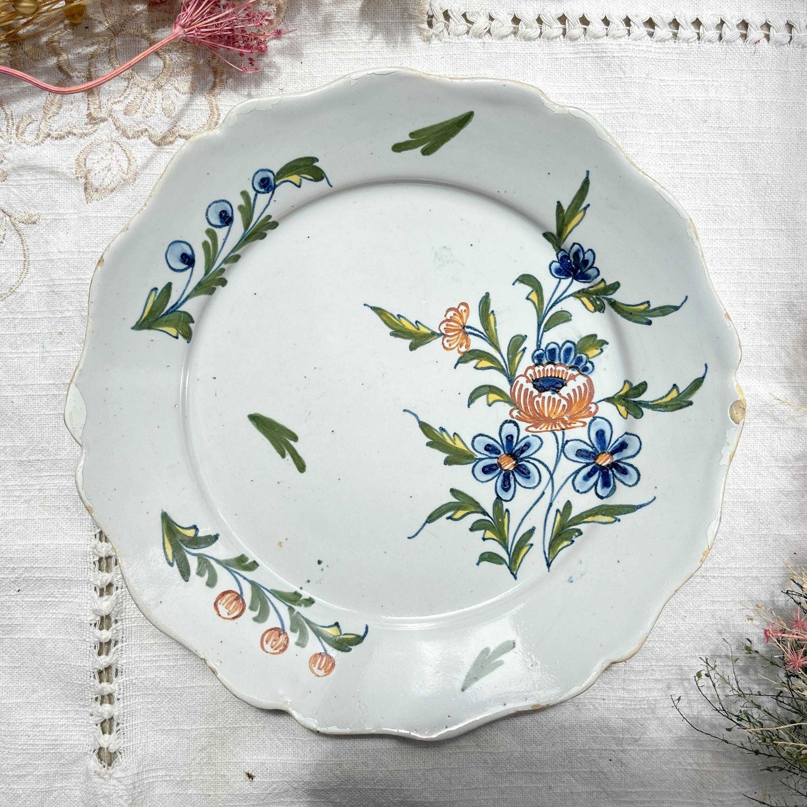 Antique French Plate 18th Century Nevers Floral Pattern   Rare French Vintage Tableware   Nevers France Tableware   Collectible Tableware