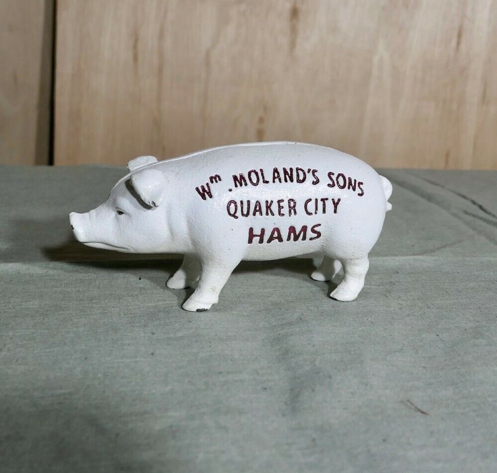 Cast Iron Piggy Bank Advertising Wm Moland's Sons Quaker City Hams