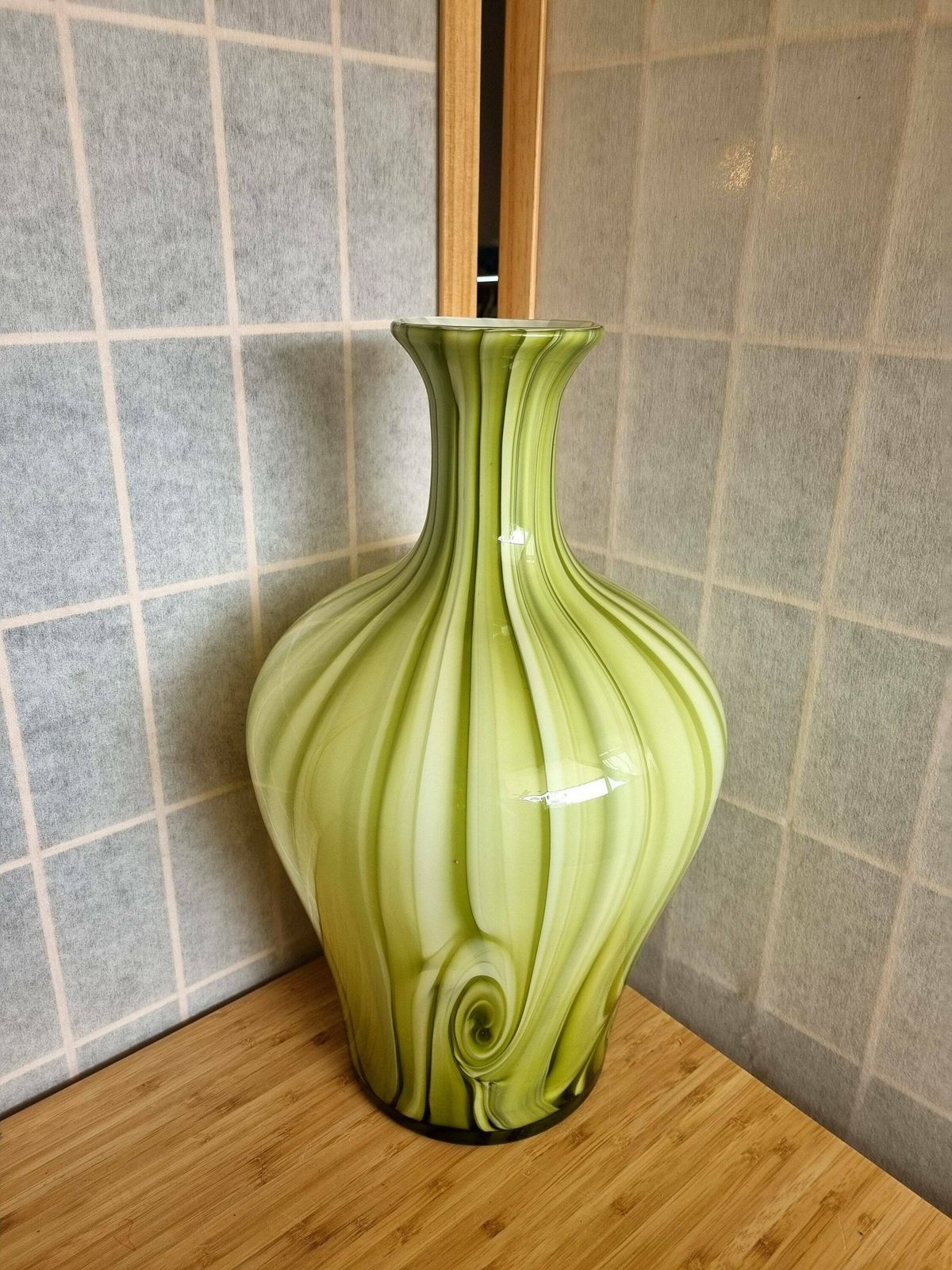Large Art Glass Vase In Green Swirl Stripe photo for sale