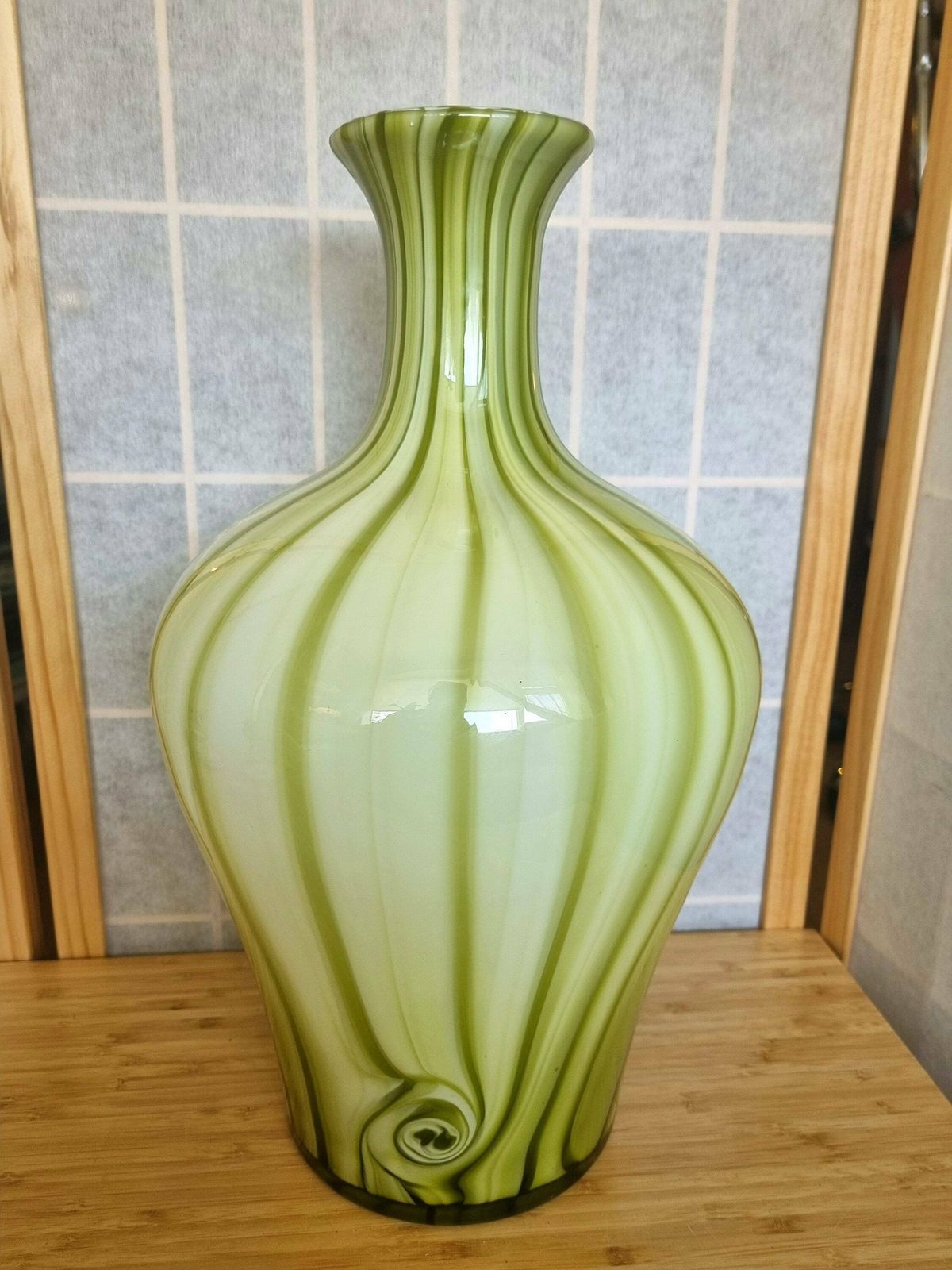 Large Art Glass Vase In Green Swirl Stripe photo Home Decor