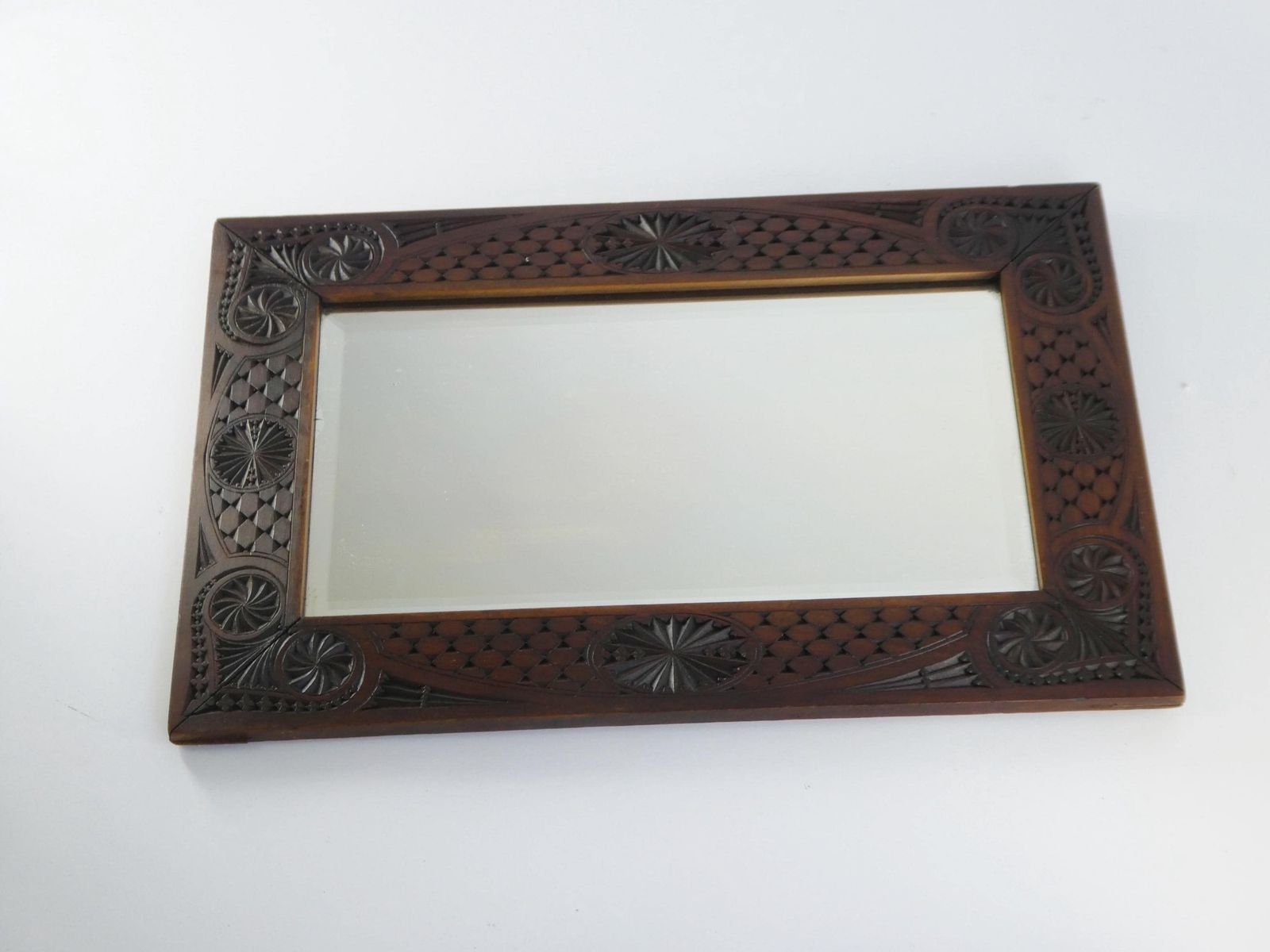 Beautiful Chip Nip Wooden Carved Wall Mirror, Jugendstil Beveled Glass, Antique Wall Hanging photo for sale