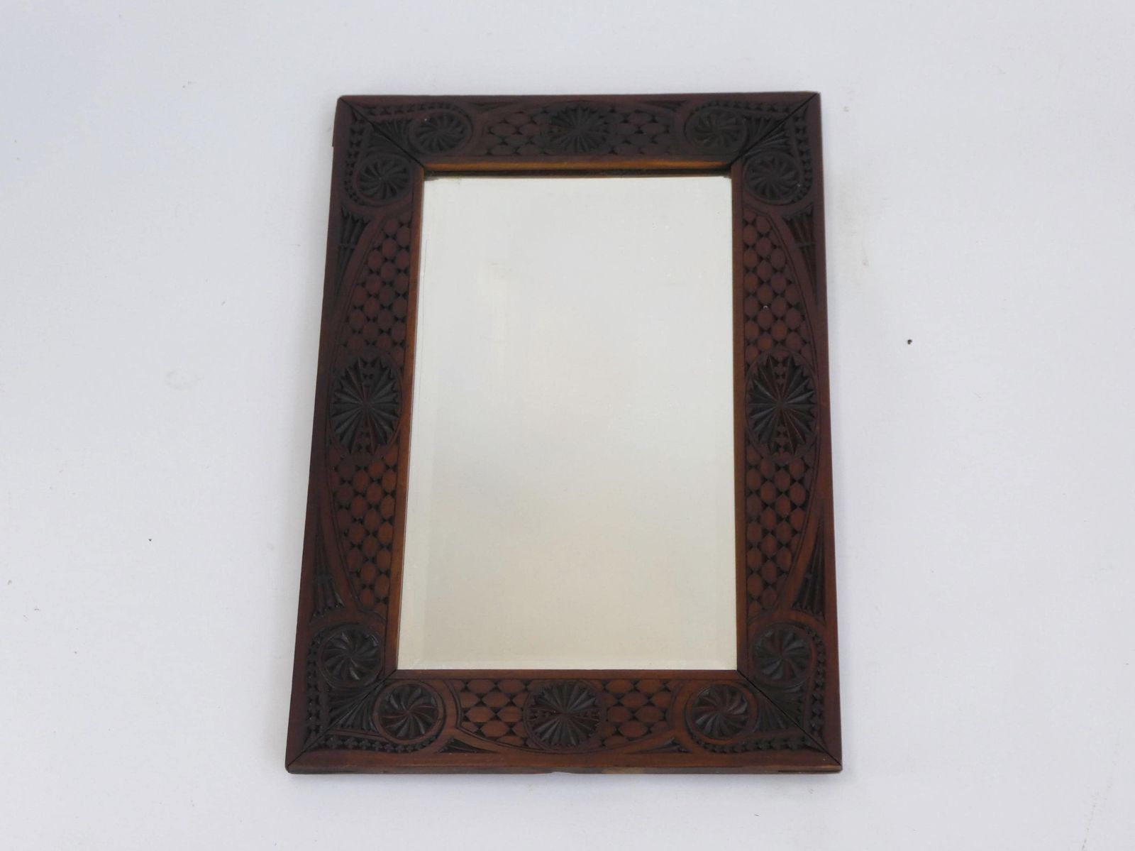 Beautiful Chip Nip Wooden Carved Wall Mirror, Jugendstil Beveled Glass, Antique Wall Hanging photo vinterior