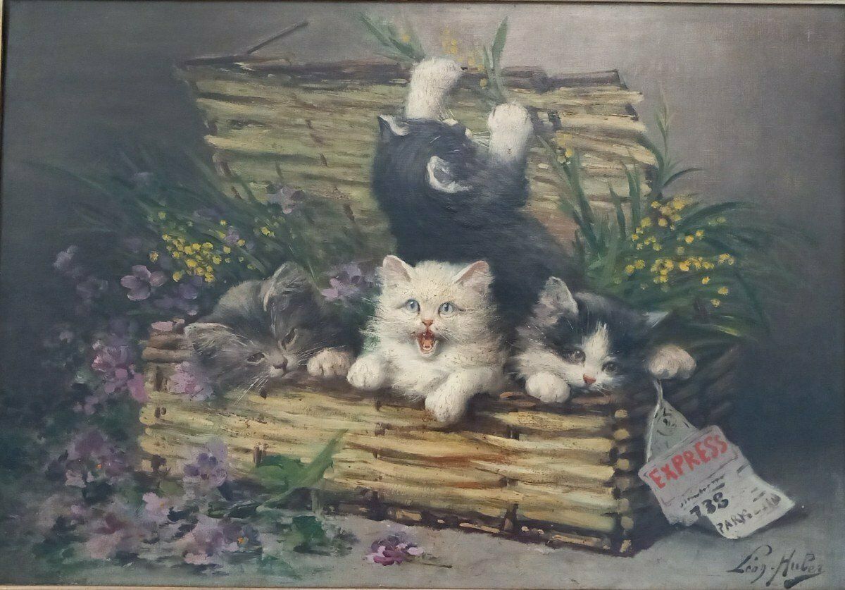 Oil Painting On Canvas Representing Four Kittens Signed Léon Huber photo for sale