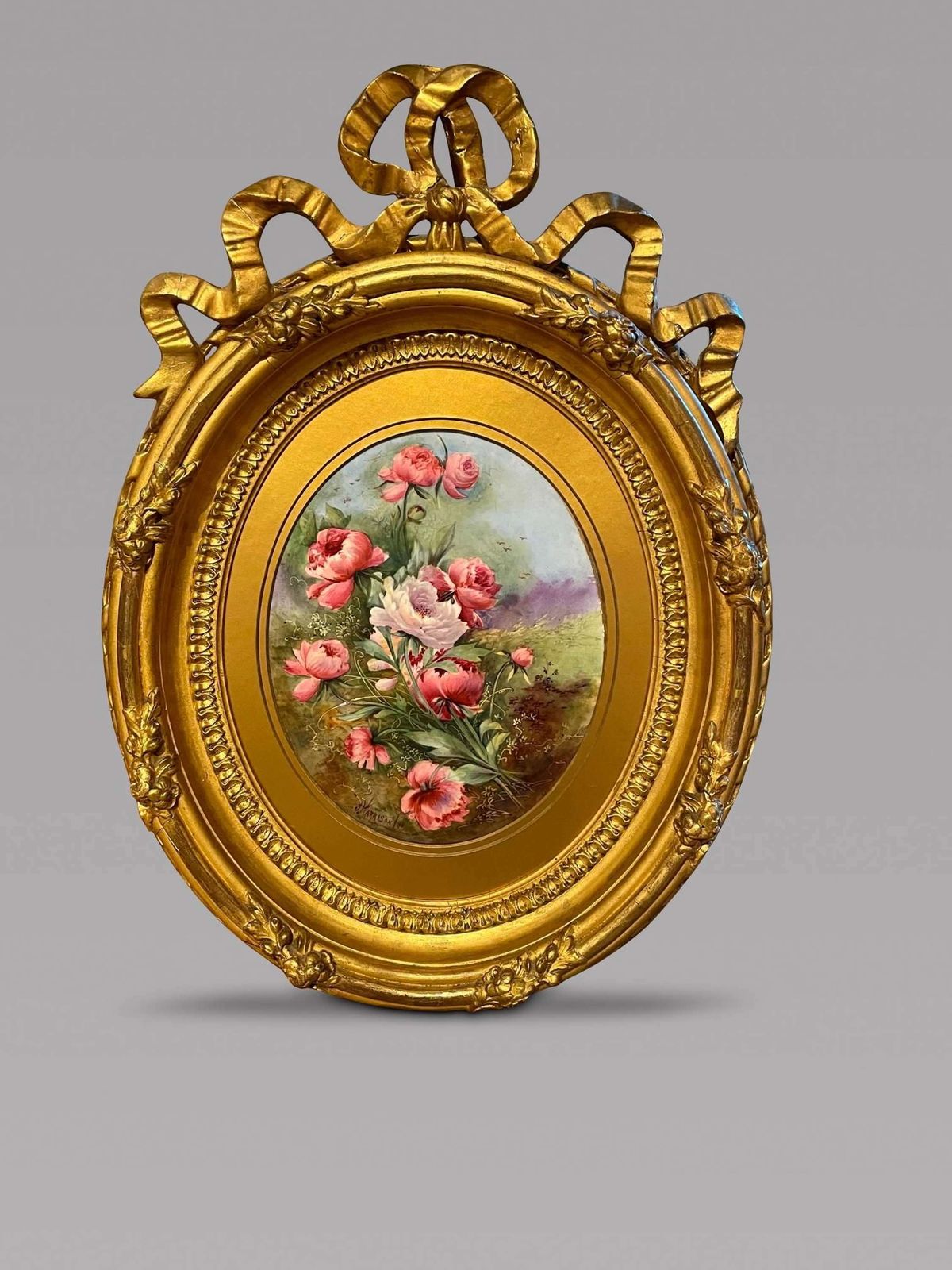 J. Harrison, Ornately Framed Porcelain Plaque Of Pink Peonies