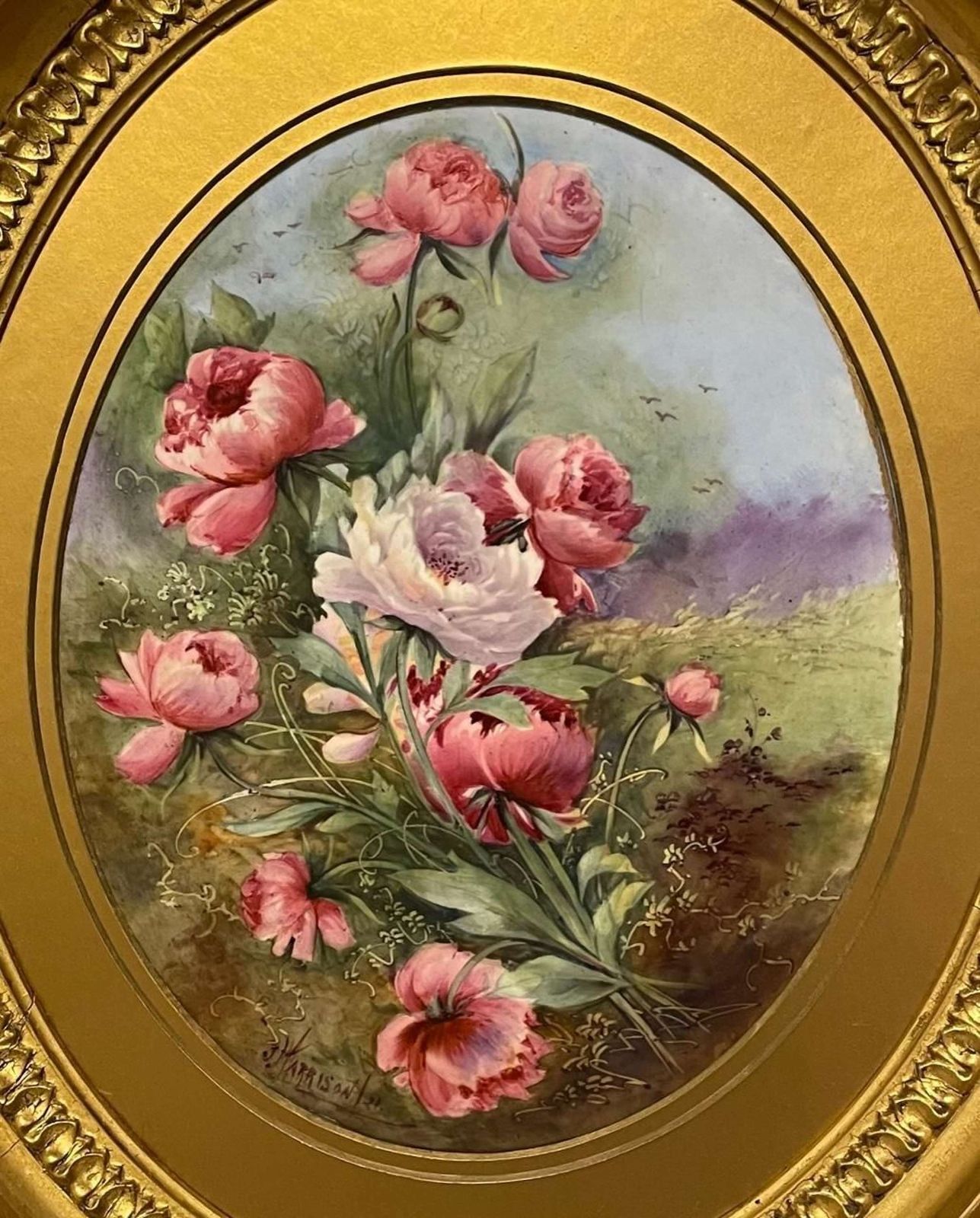 J. Harrison, Ornately Framed Porcelain Plaque Of Pink Peonies photo furniture
