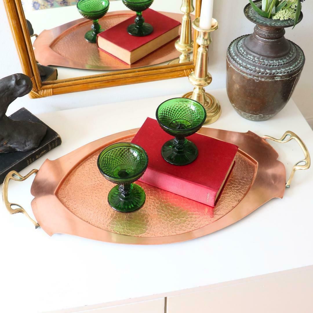 Antique Art Nouveau Copper Tray With Brass Handles, Large Size Hammered Metal Serving Tray, Antique Barware photo for sale