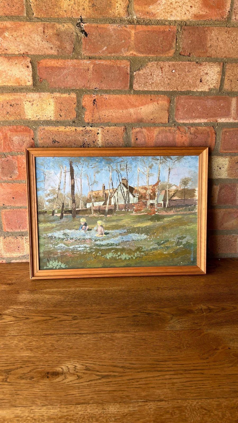 Original Signed And Framed Vintage Oil Painting Depicting Kids Playing In Front Of A Cottage
