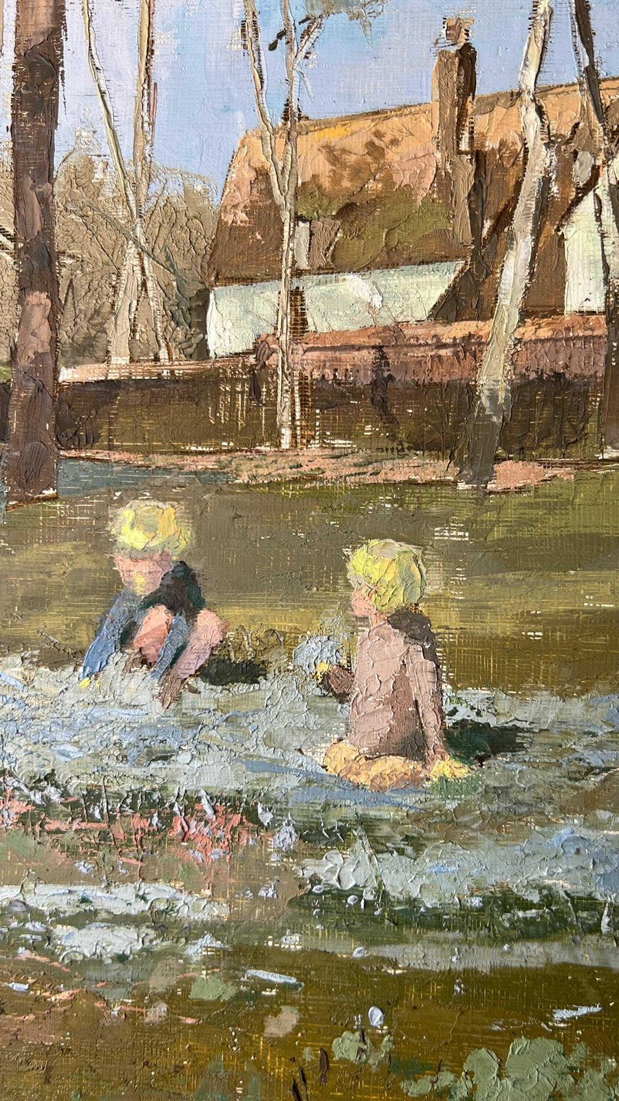 Original Signed And Framed Vintage Oil Painting Depicting Kids Playing In Front Of A Cottage photo Art