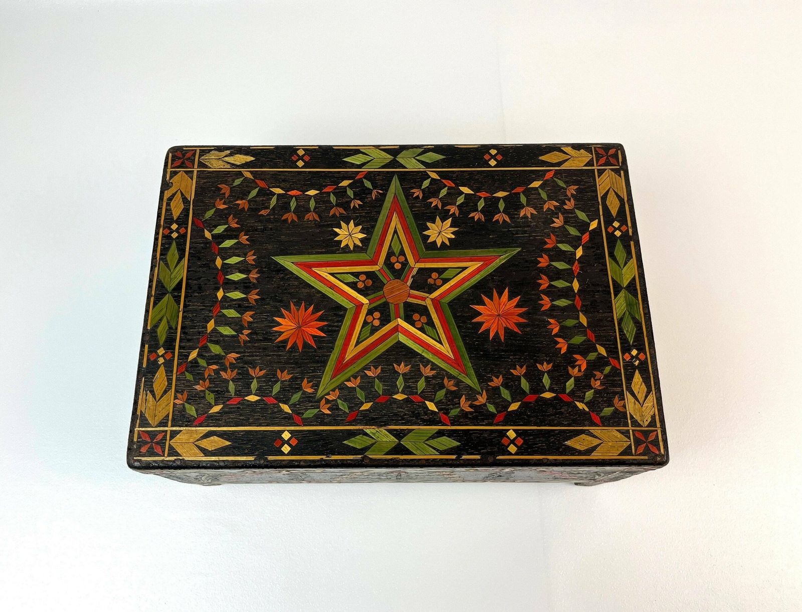 Beautiful Antique Large Black Forest Straw Marquetry Jewelry Box Germany 1880 photo for sale
