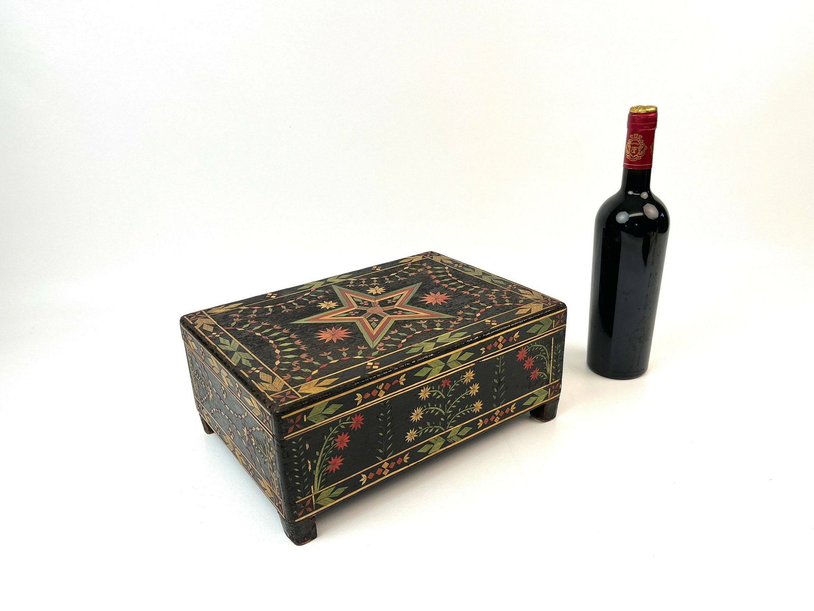 Beautiful Antique Large Black Forest Straw Marquetry Jewelry Box Germany 1880 photo vinterior