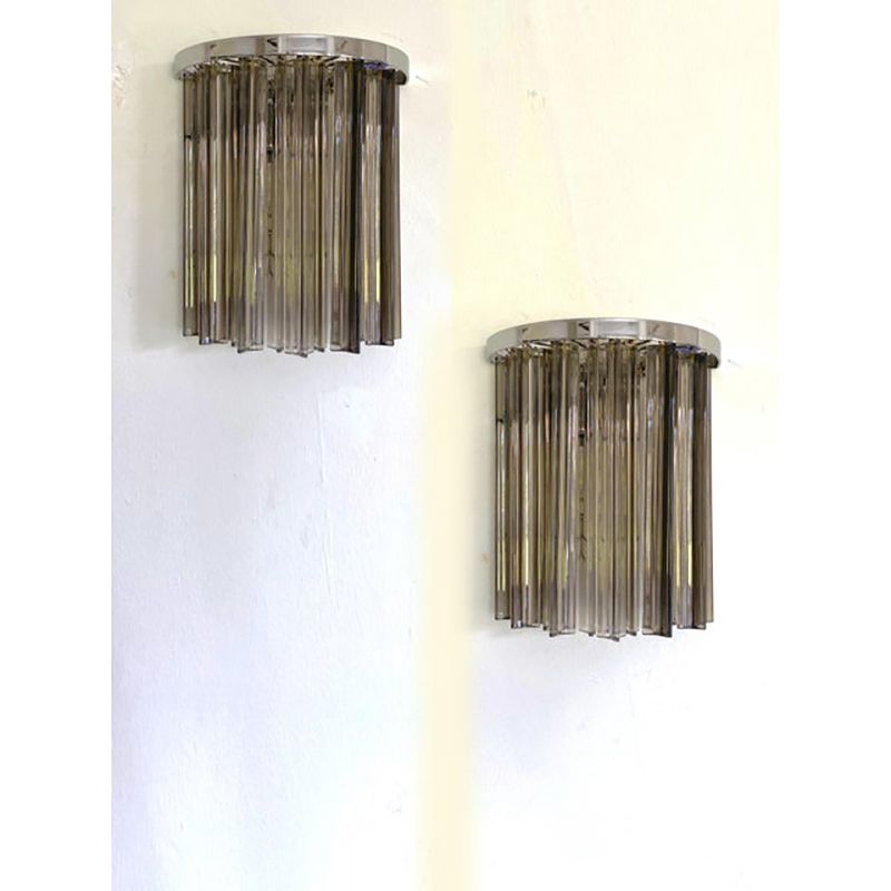 Set Of Two Mid  Century Modern Style Italian Fumè "Triedro" Belt Wall Sconces photo vintage