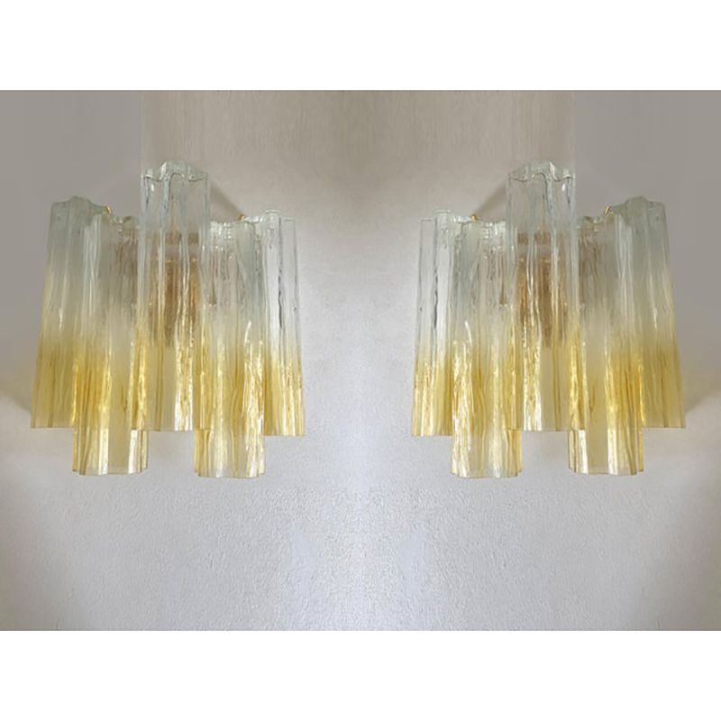 Pair Of Vanished Clear Amber "Tronchi" Murano Glass Wall Sconces In Venini Style photo Lighting