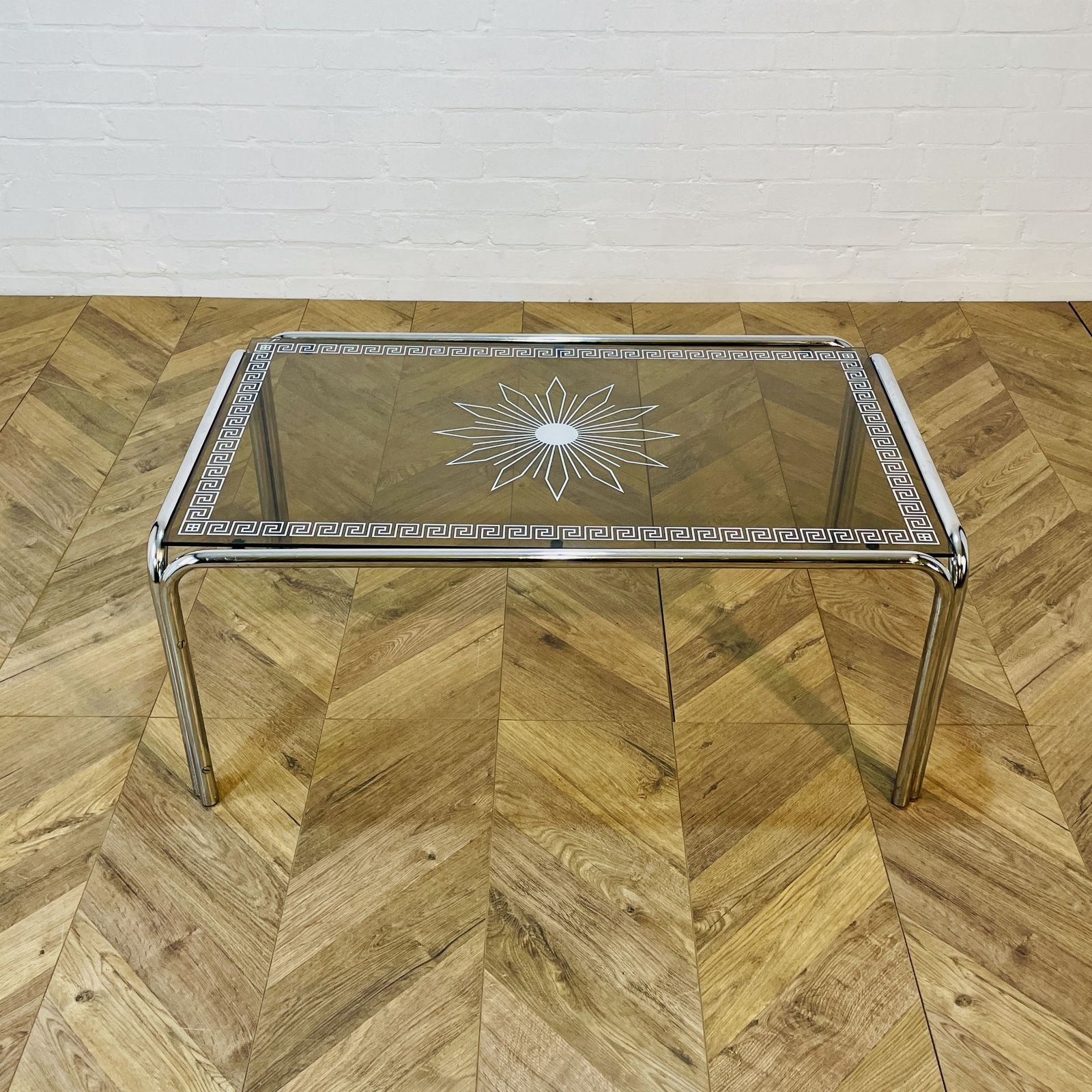 Vintage Italian Smoked Glass + Chrome Coffee Table With Detailed Top, 1970s photo furniture